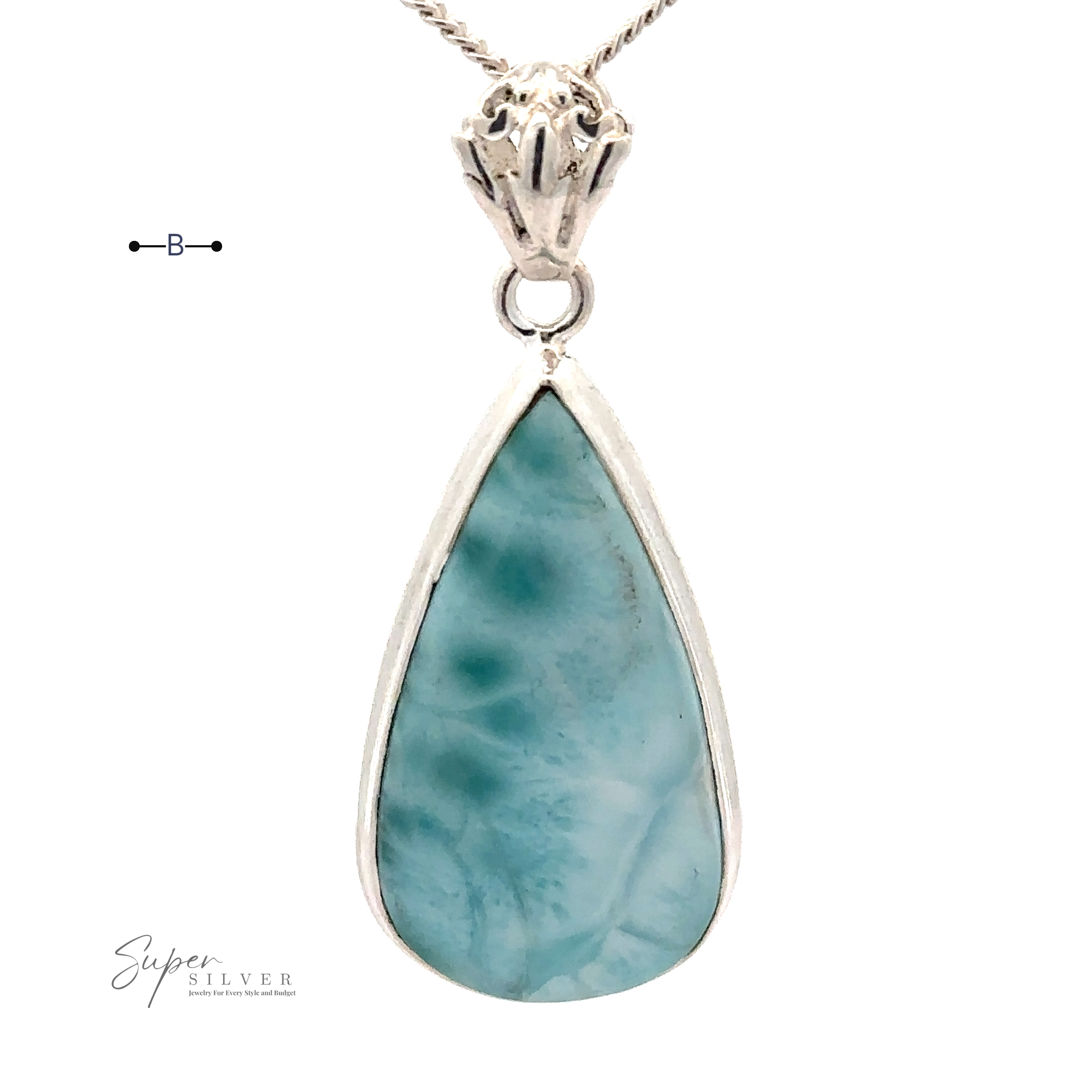 A Teardrop Larimar Pendant set in .925 Sterling Silver hangs from a silver chain, featuring the brand name "Super Silver" near the bottom. Note: chain not included.