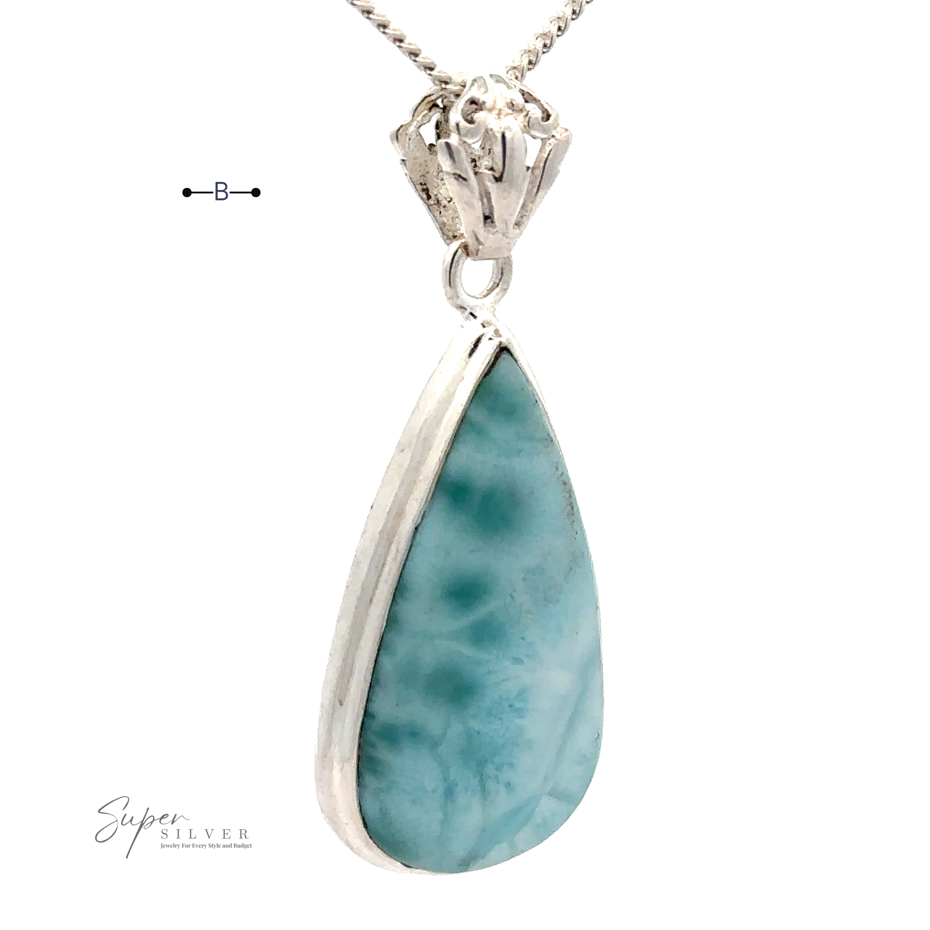 A Teardrop Larimar Pendant set in .925 Sterling Silver, hanging from a silver chain. The pendant has a smooth, polished surface. The text "Super Silver" is visible in the lower left corner.