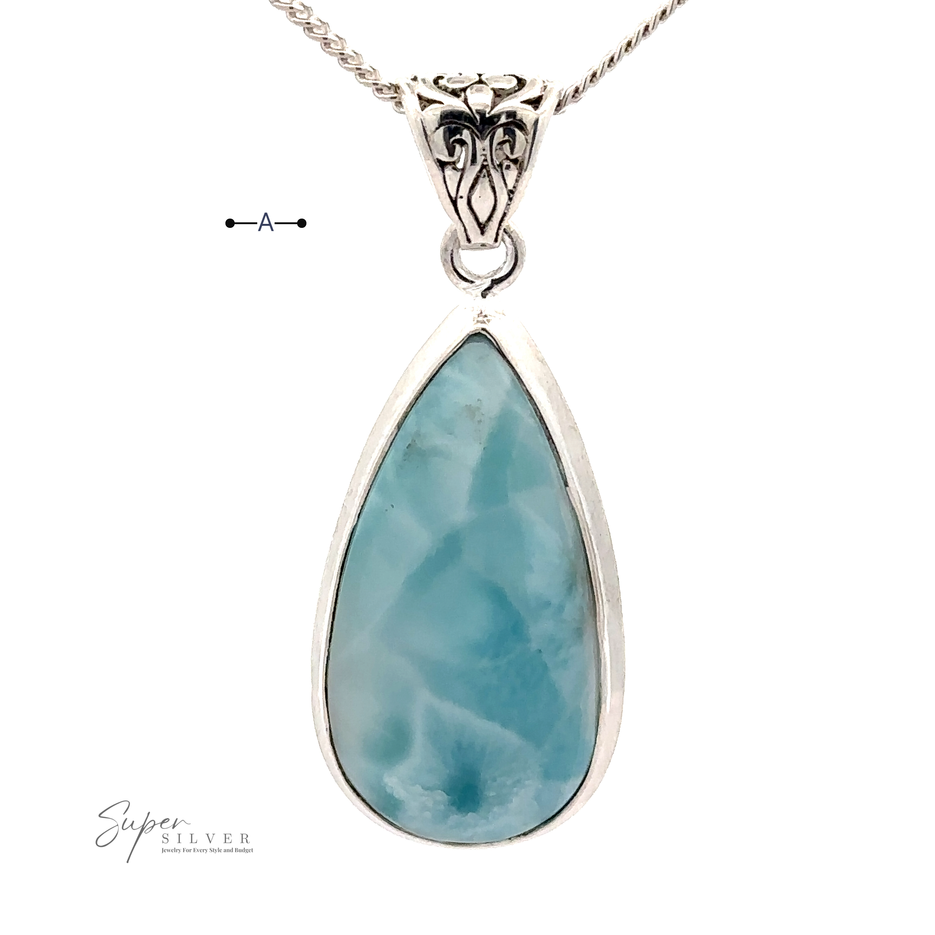 A Teardrop Larimar Pendant set in a .925 Sterling Silver frame. The pendant features intricate silver designs at the top, completing its elegant look. Chain not included.