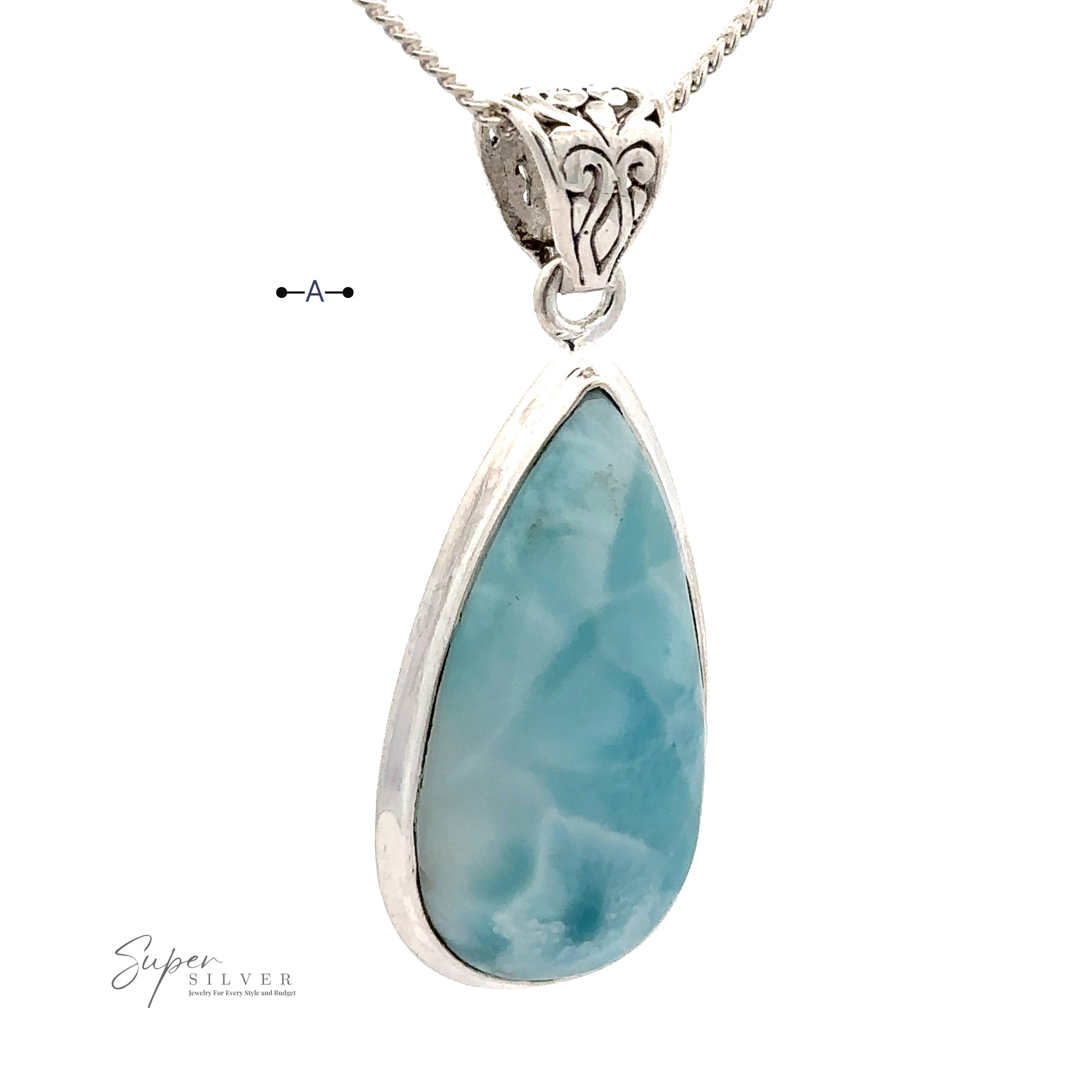 A Teardrop Larimar Pendant set in .925 Sterling Silver with a decorative bail, hanging from a twisted silver chain marked "Super Silver" (chain not included).
