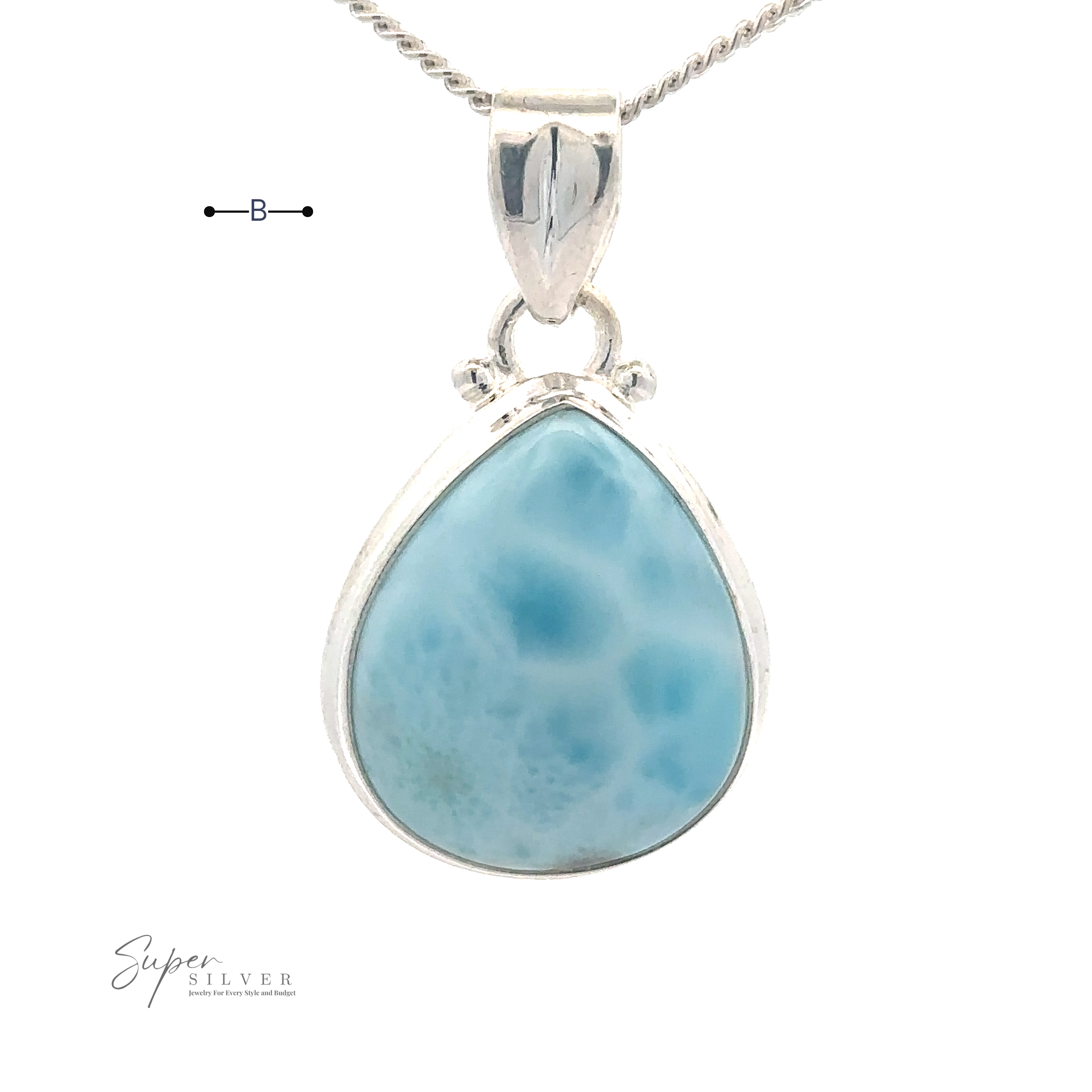 Small Teardrop Larimar Pendant. The stone has a marbled light and dark blue pattern, perfect for a night out. A size reference marked "B" is visible near the pendant. Branding reads "Super Silver.