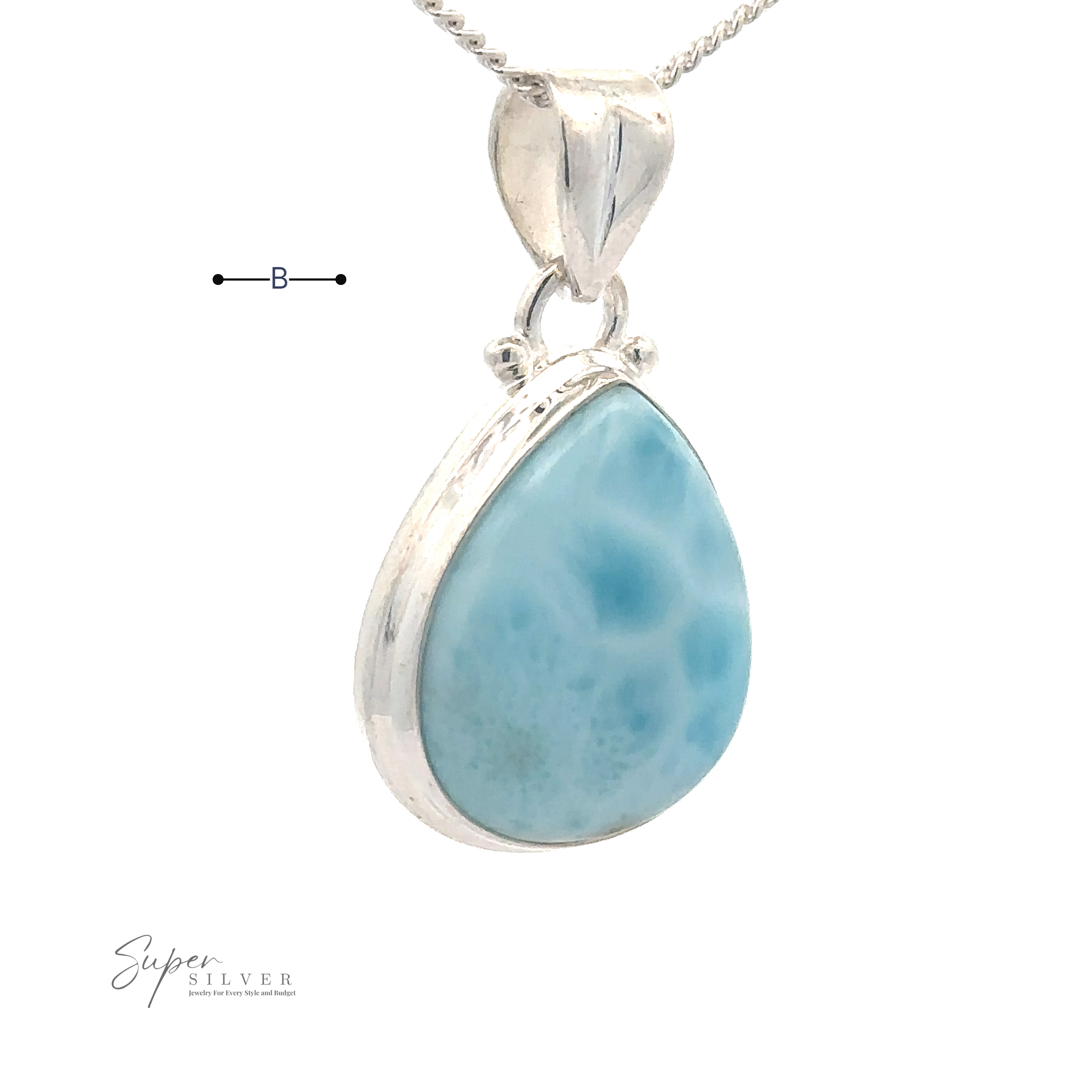 A Small Teardrop Larimar Pendant set in a sterling silver frame, suspended from a silver chain. The letter "B" is labeled nearby. The Super Silver logo is in the bottom left corner—perfect for a night out.