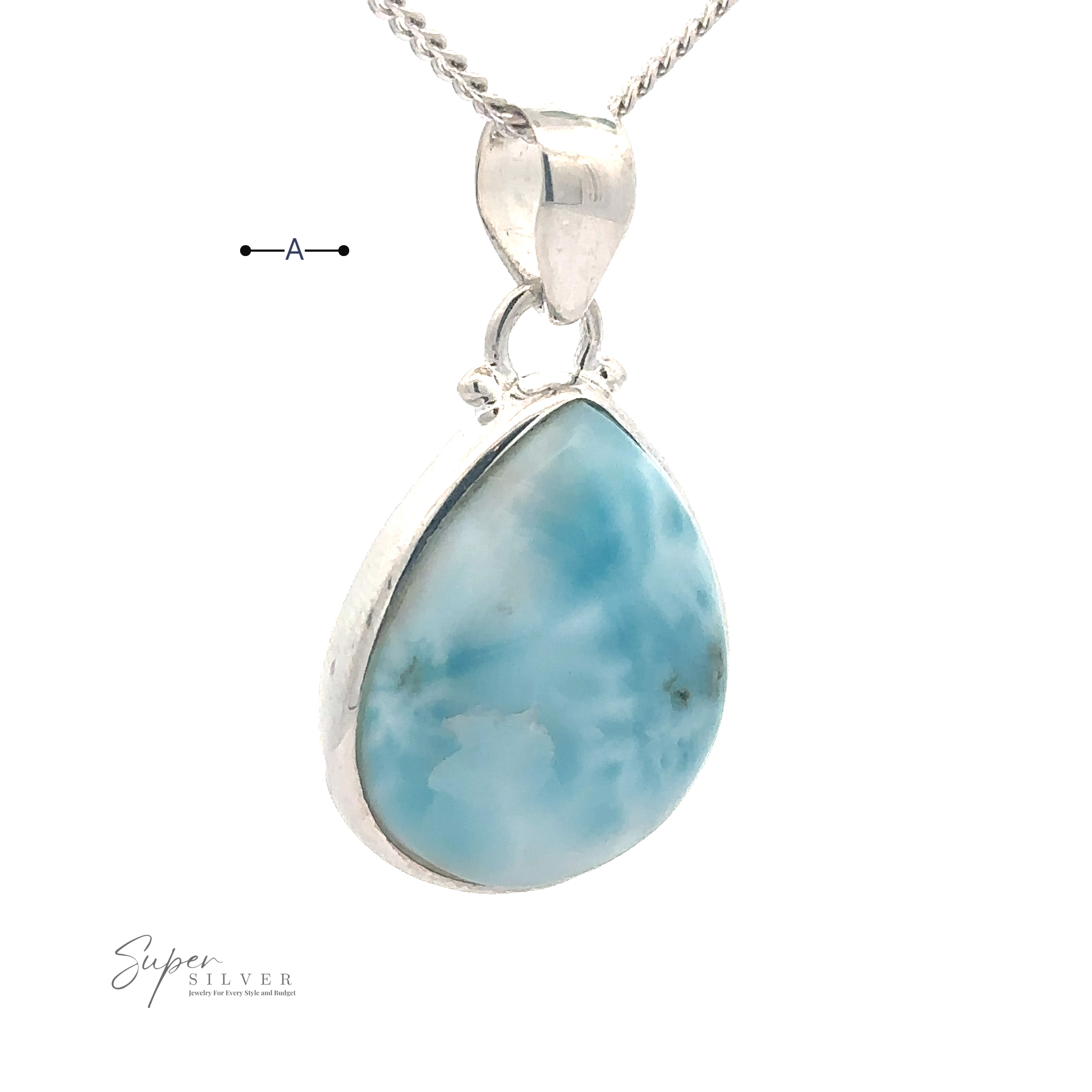 A Small Teardrop Larimar Pendant featuring a teardrop-shaped blue Larimar gemstone with a polished surface. The brand name "Super Silver" is visible at the bottom left corner, making it the perfect accessory for a night out.
