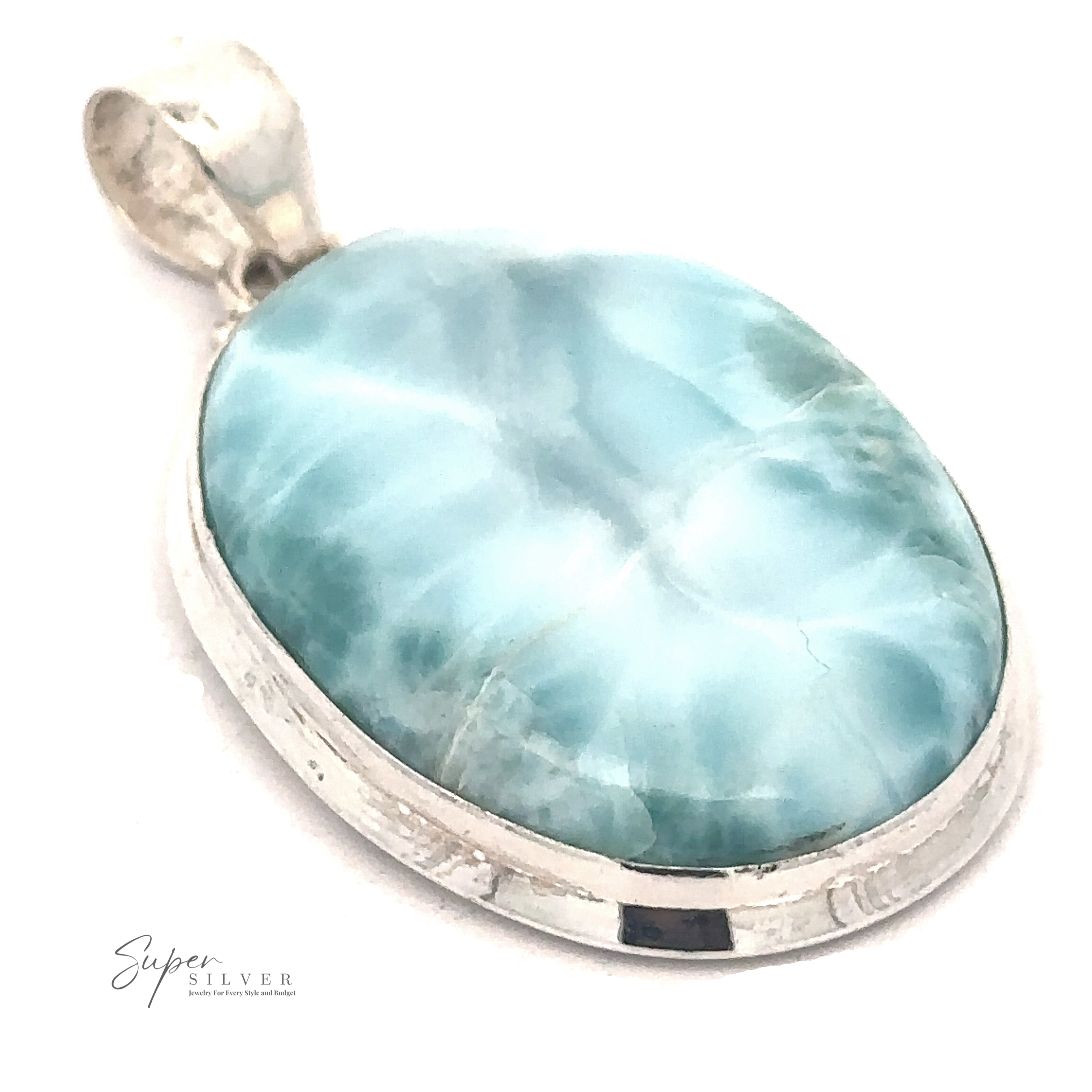 A Simple Oval Larimar Pendant featuring an oval larimar stone with varying shades of blue and white patterns. The inscription "Super Silver" is visible at the bottom left, making this an ideal piece for everyday wear.