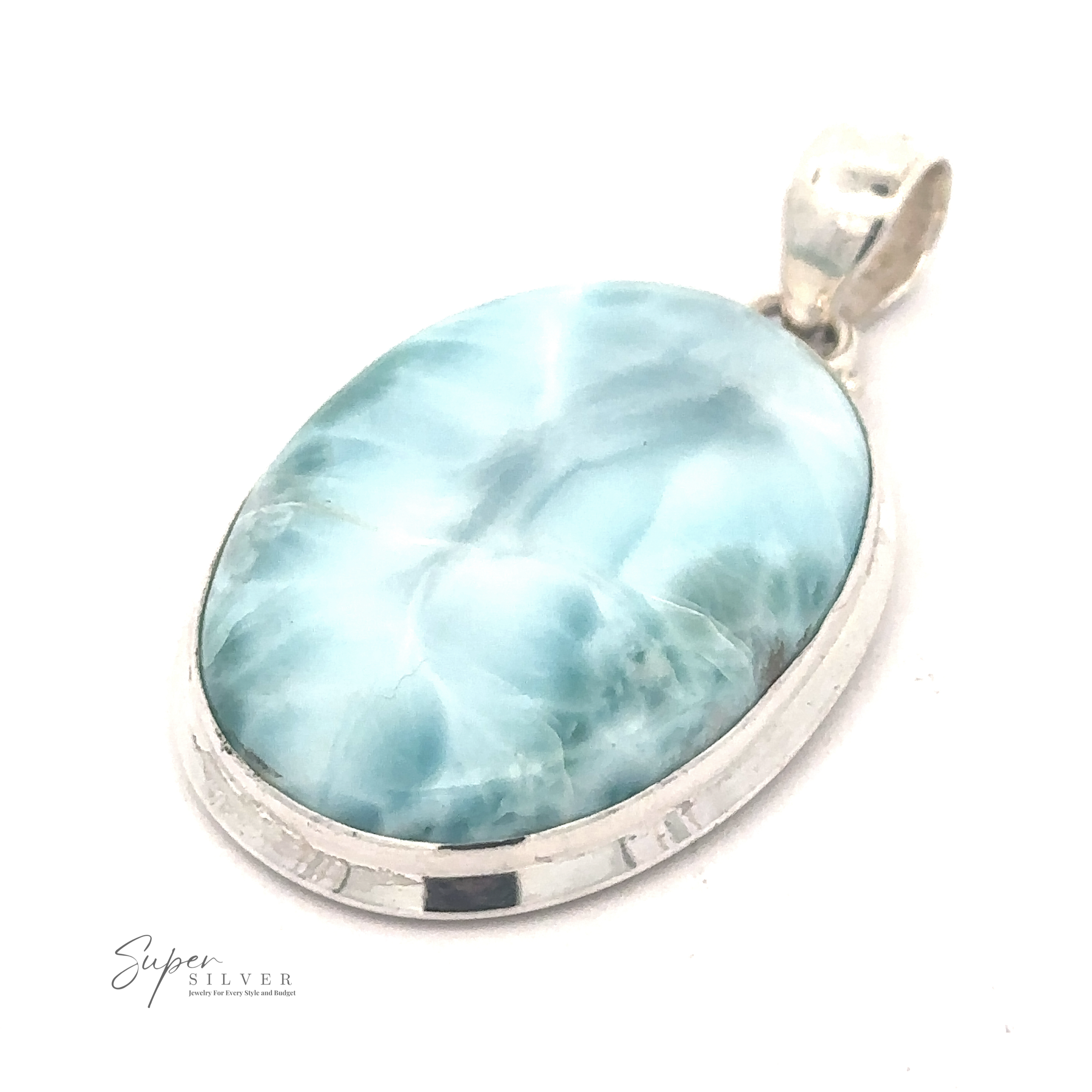 A Simple Oval Larimar Pendant featuring a polished oval blue gemstone set in a silver frame with a loop for a chain. The gemstone displays a marbled pattern, making it perfect for everyday wear. "Super Silver" is printed in the bottom left corner.