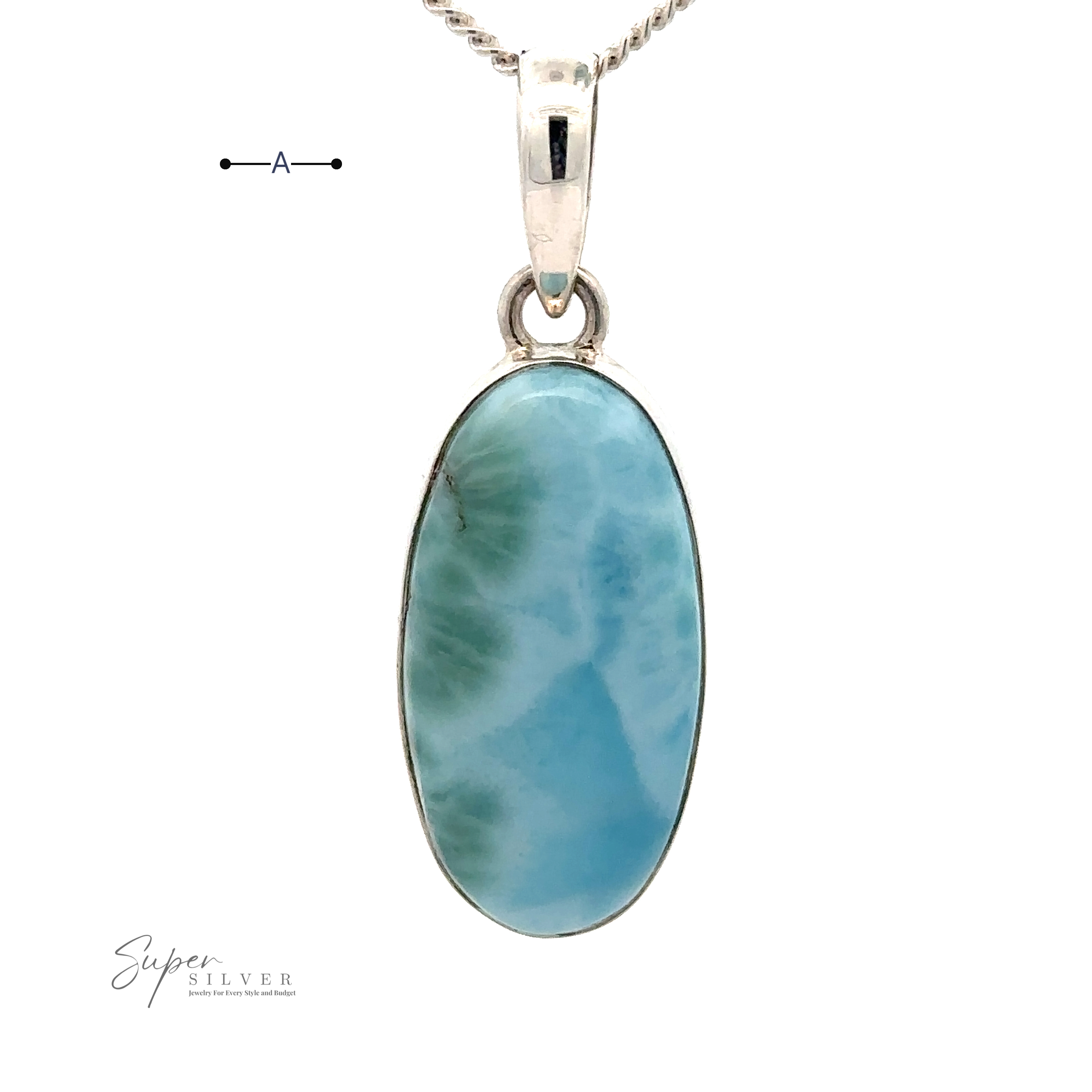 A Beautiful Long Oval Larimar Pendant with an oval-shaped blue-green Larimar gemstone, known for its origins in the Dominican Republic, is set in a .925 Sterling Silver frame. The pendant hangs on a silver chain against a plain white background. "Super Silver" is written in the bottom left corner.