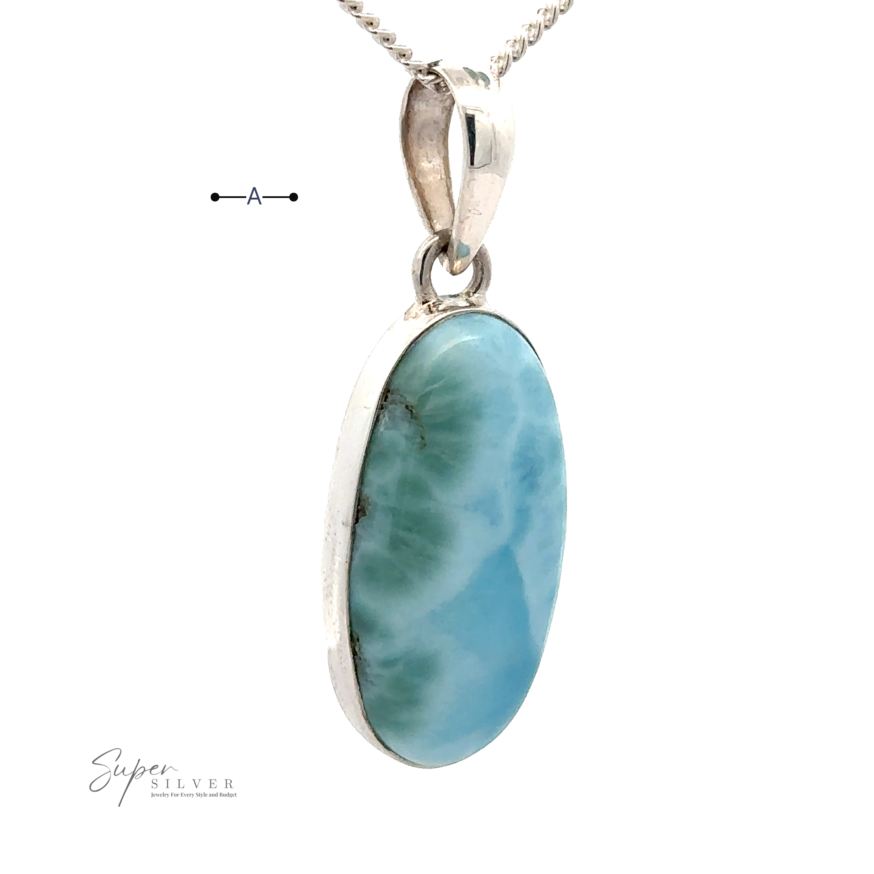 Close-up of a silver necklace with a Beautiful Long Oval Larimar Pendant, sourced from the Dominican Republic. The logo "Super Silver" is visible at the bottom left.