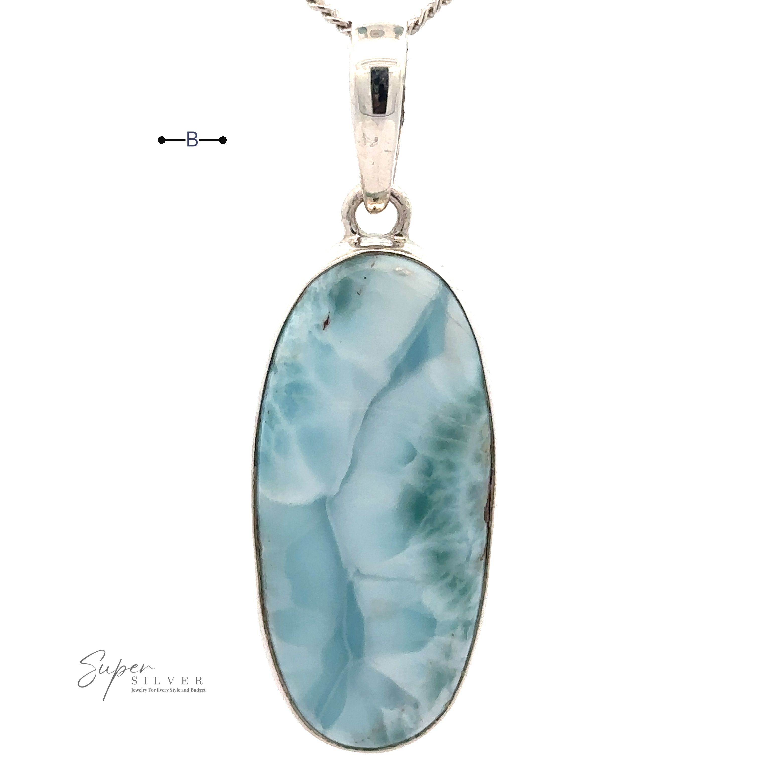 An oval-shaped pendant featuring a marbled Larimar stone set in .925 Sterling Silver, hanging from a silver chain. Logo text reads "Beautiful Long Oval Larimar Pendant".