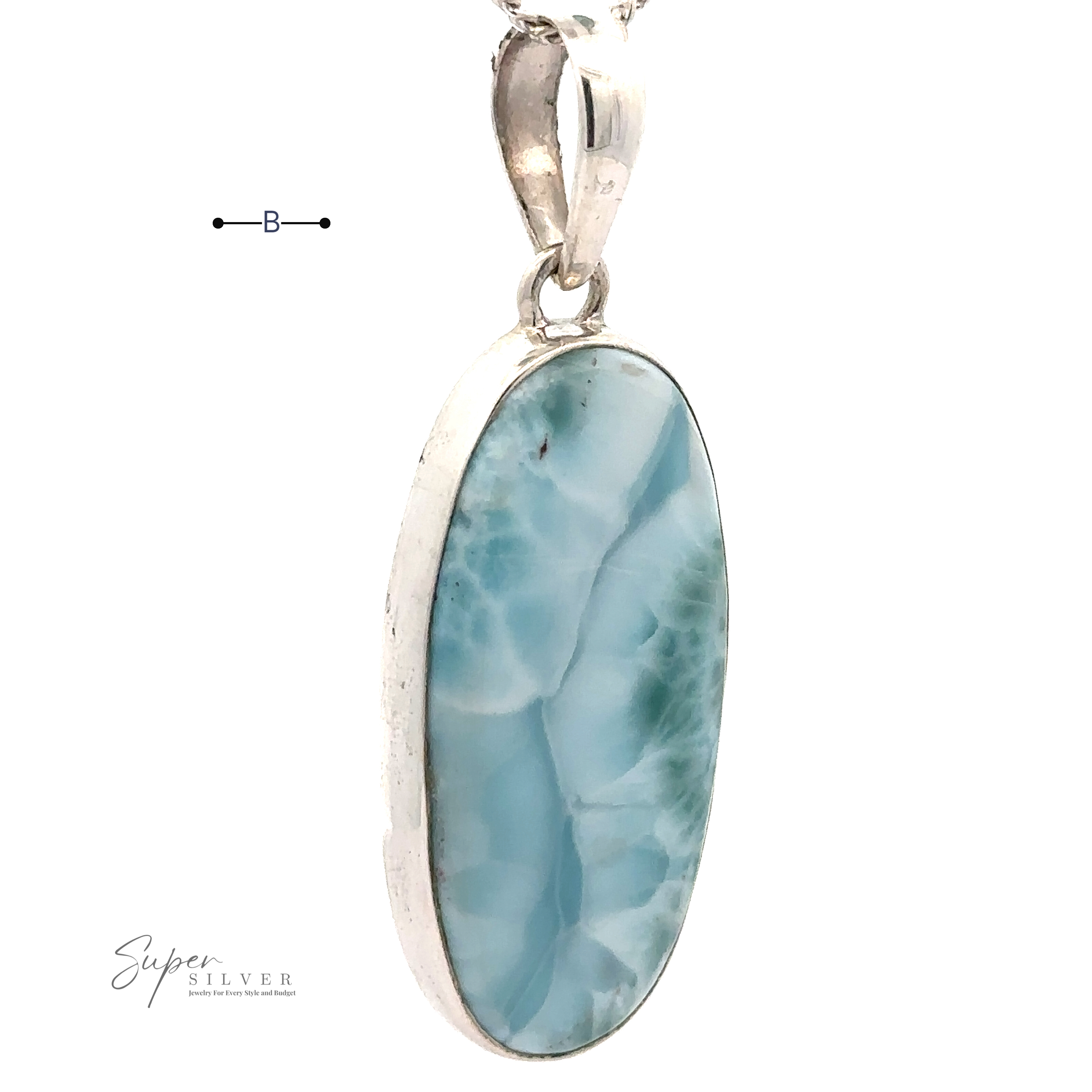 A Beautiful Long Oval Larimar Pendant featuring an oval-shaped, blue-green Larimar gemstone from the Dominican Republic, showcasing a marbled pattern. The chain's .925 Sterling Silver clasp is visible at the top.