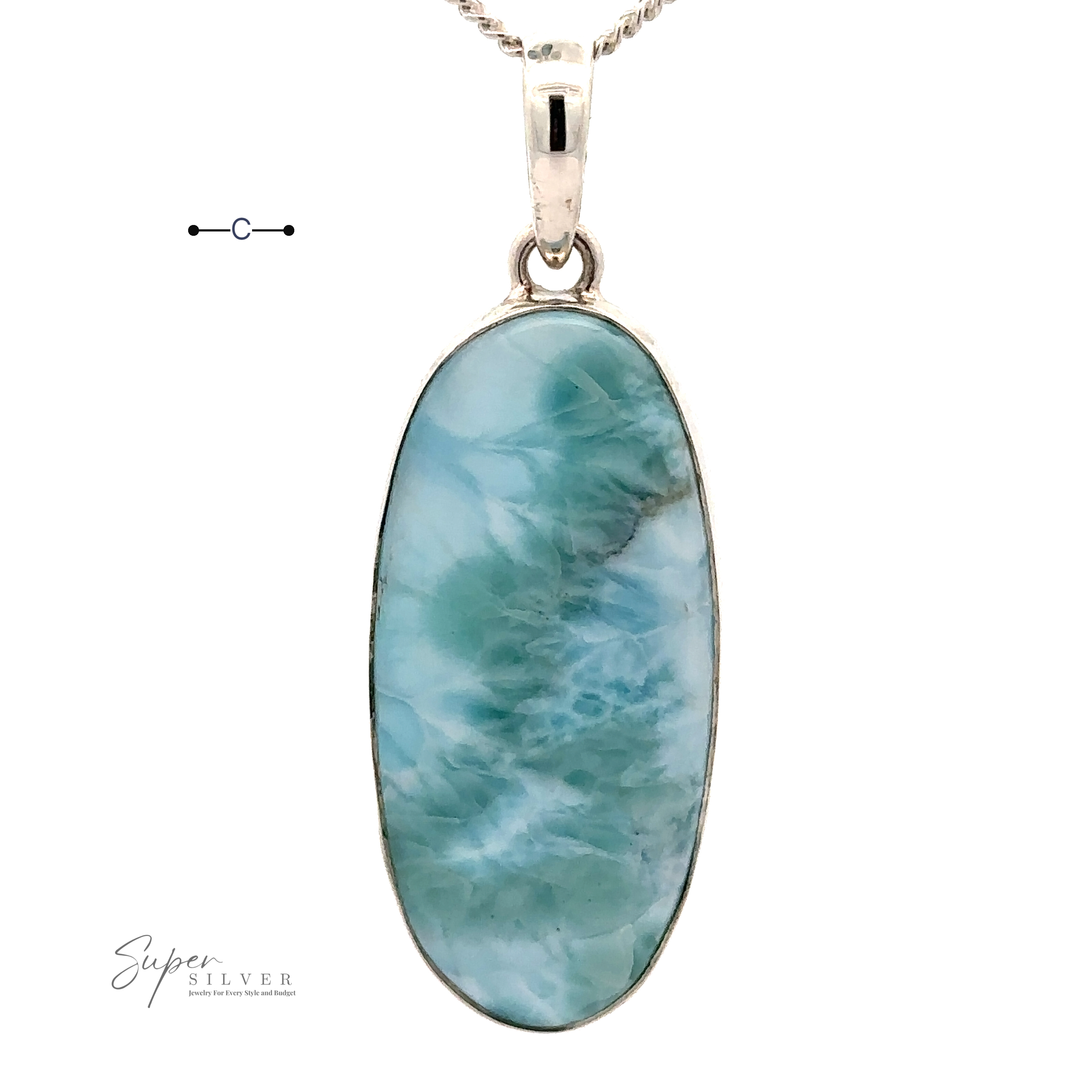 A Beautiful Long Oval Larimar Pendant with a marbled pattern, set in a .925 Sterling Silver frame and hung on a chain. The image has the brand name "Super Silver" in the lower-left corner.
