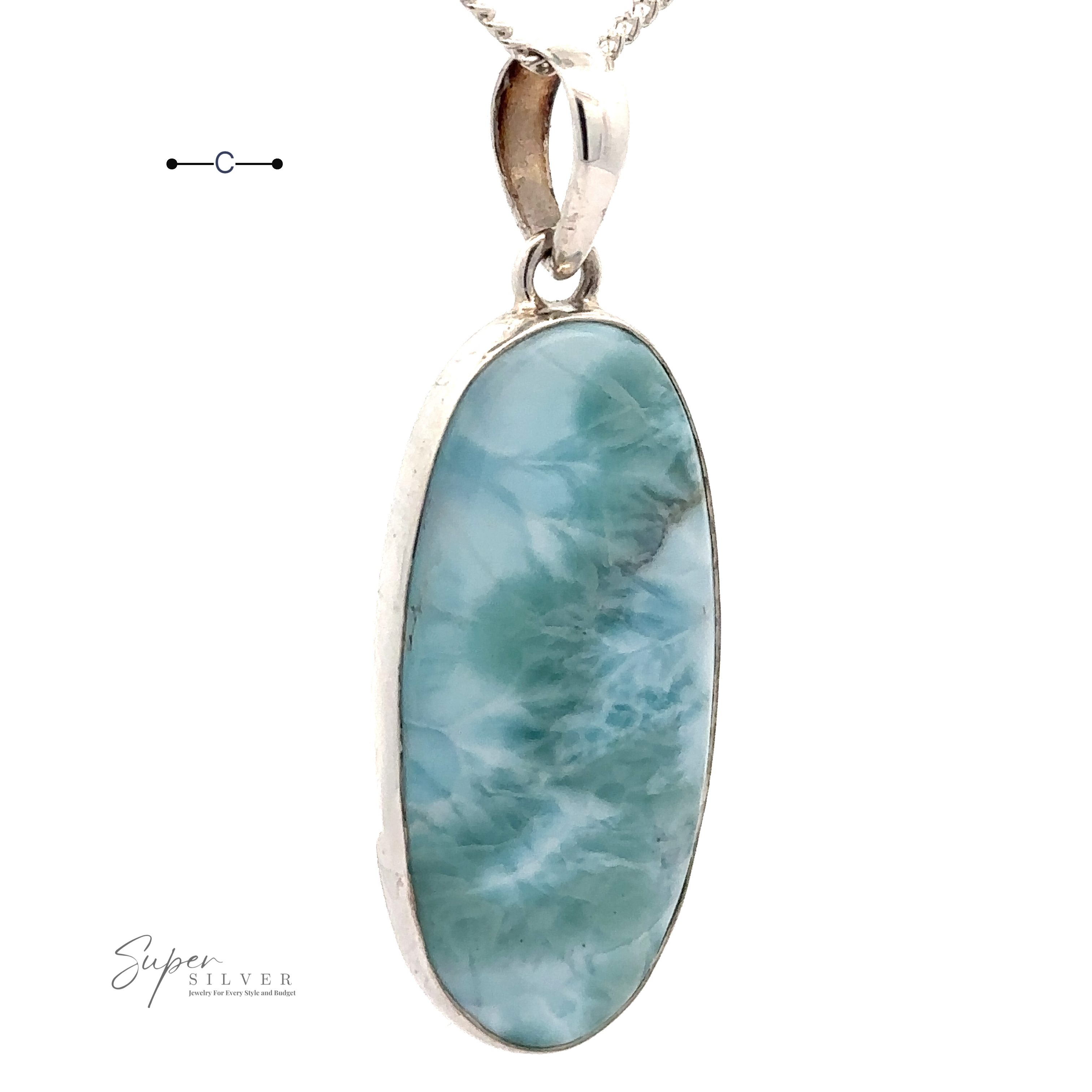 A Beautiful Long Oval Larimar Pendant, crafted from .925 Sterling Silver, showcases an oval-shaped blue-green Larimar gemstone sourced from the Dominican Republic, hanging on a delicate chain.