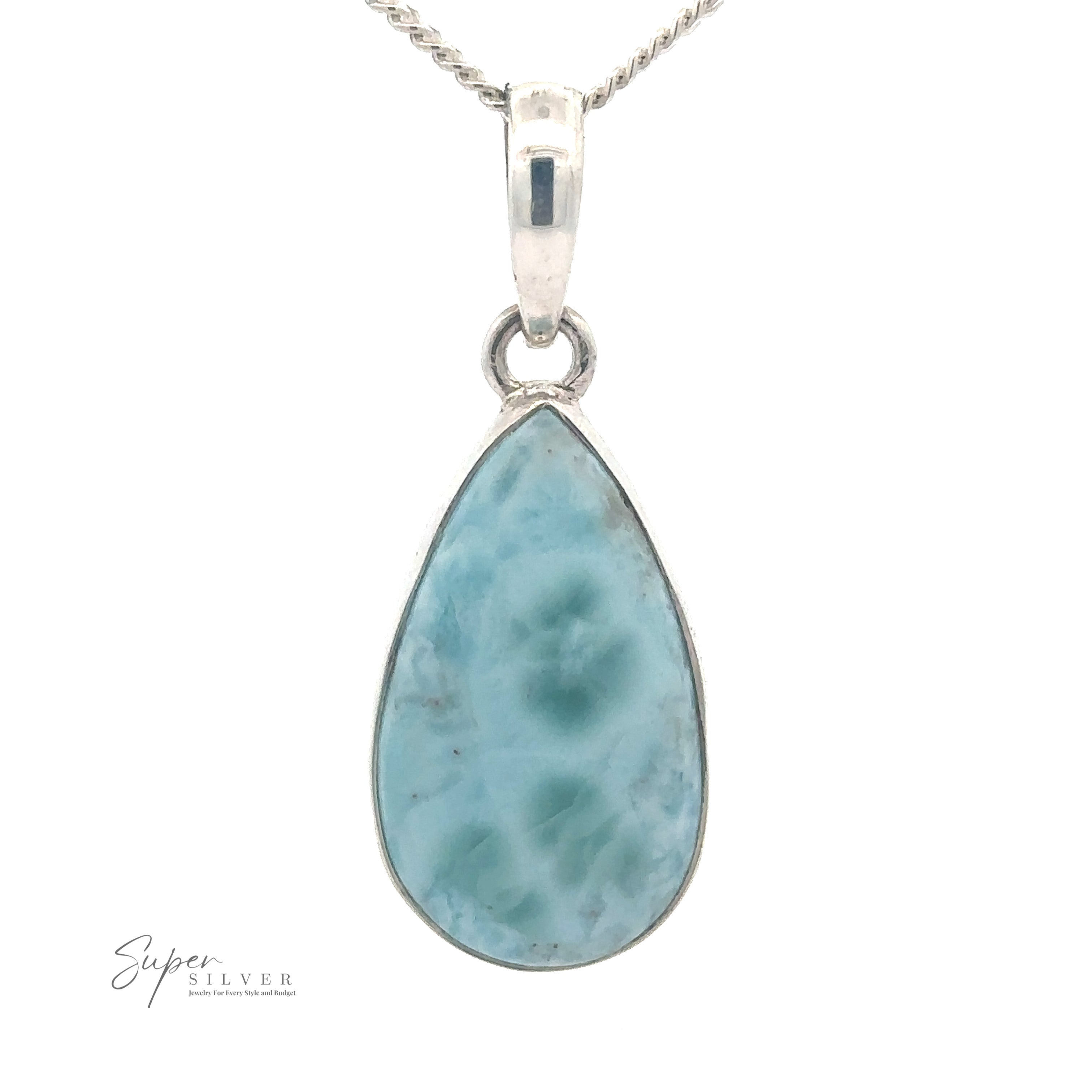 A teardrop-shaped light blue Simple Larimar Teardrop Pendant with a marbled design is set in a sterling silver frame, hanging from a twisted silver chain. "Super Silver" is written in the bottom left corner.