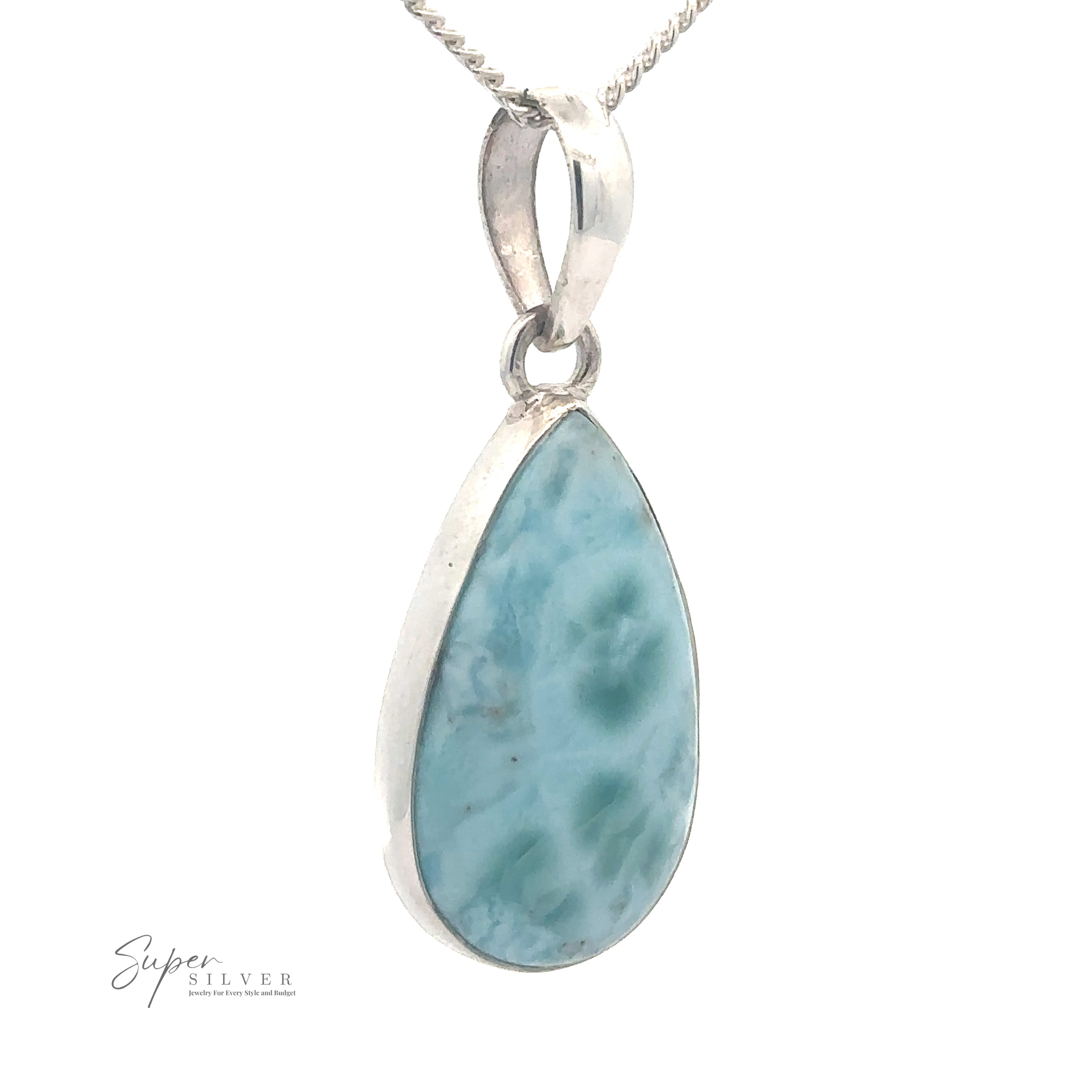 A silver necklace with a teardrop-shaped Simple Larimar Teardrop Pendant against a white background. The .925 Sterling Silver setting beautifully complements the subtle marbling patterns of the blue gemstone.