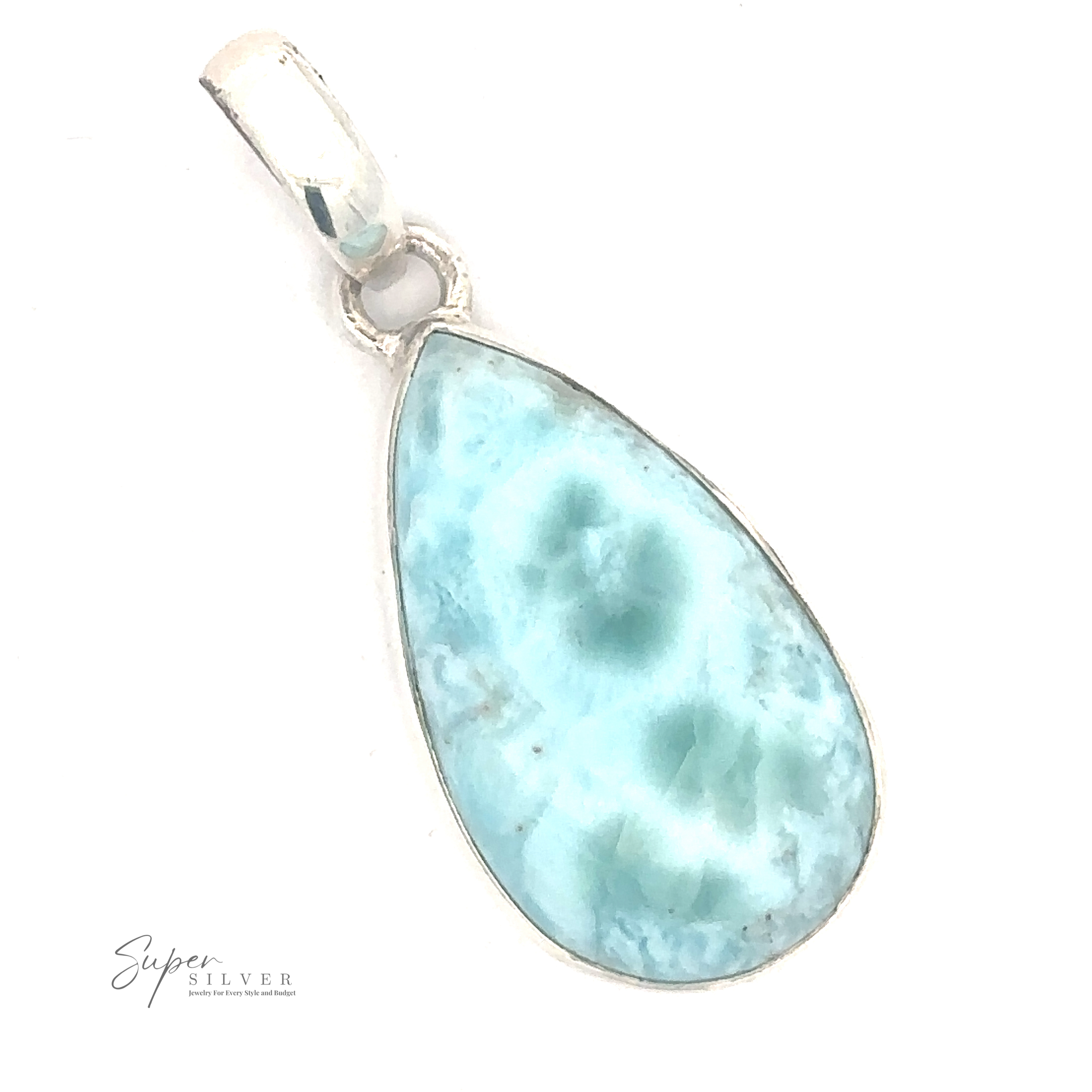 A Simple Larimar Teardrop Pendant set in a sterling silver frame with a small bail at the top. The surface has a marbled pattern, making it a unique piece of jewelry.