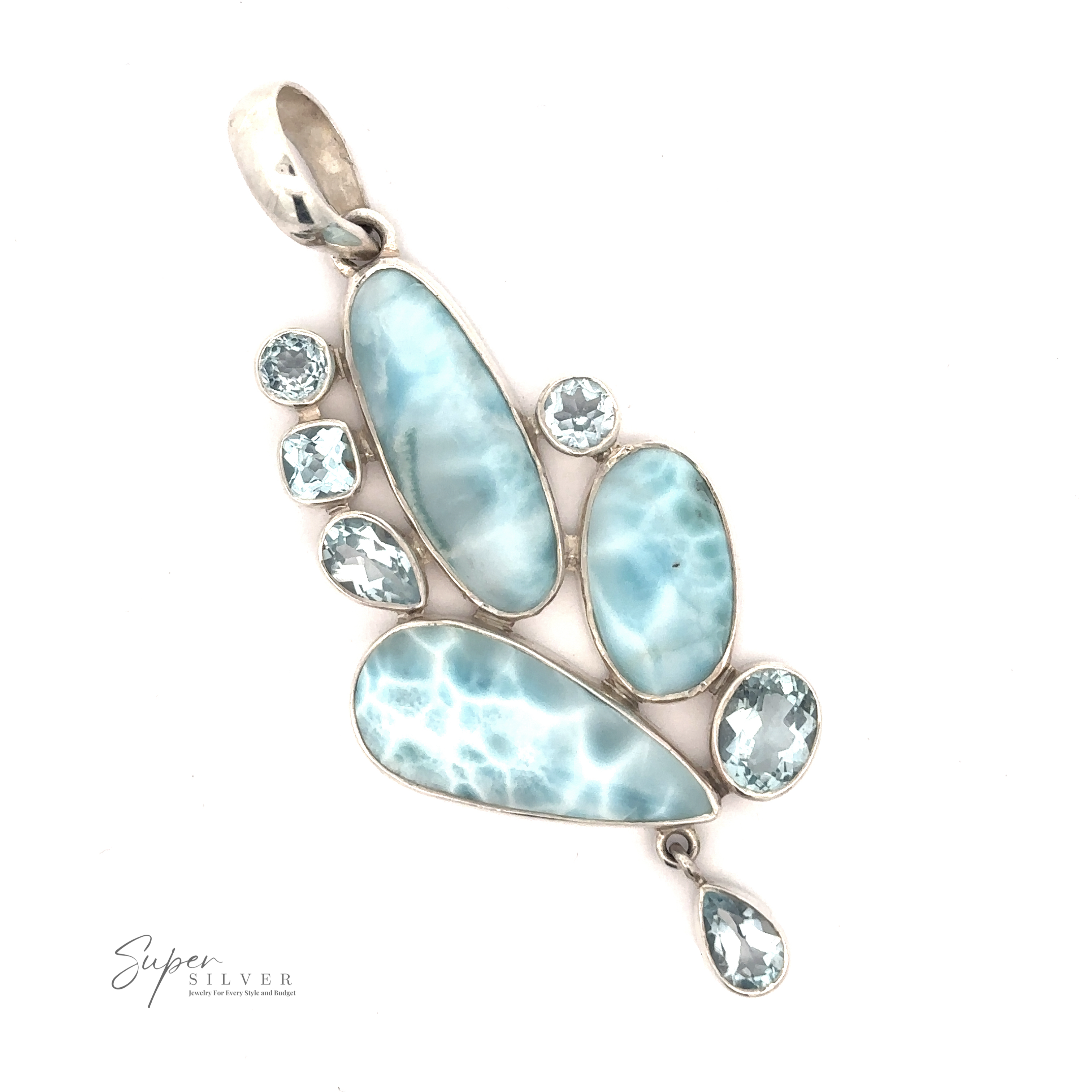 A stunning Beautiful Larimar and Blue Topaz Pendant featuring multiple irregular-shaped blue gemstones and small round faceted clear stones. Crafted in Sterling Silver, it is labeled "Super Silver".