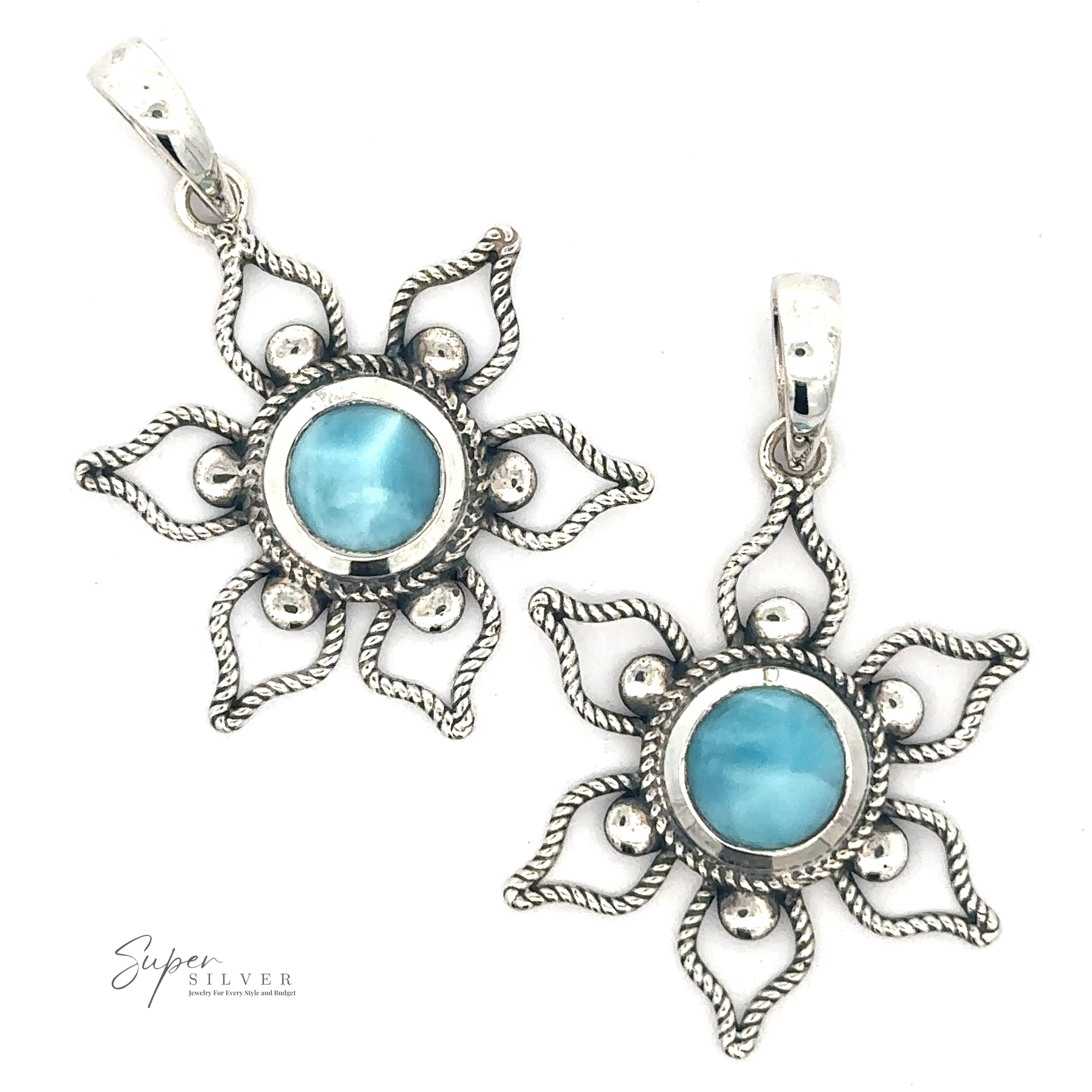Two Larimar Flower Pendants, reminiscent of a serene beach day, are placed on a white background. The 'Super Silver' logo is visible in the bottom left corner.