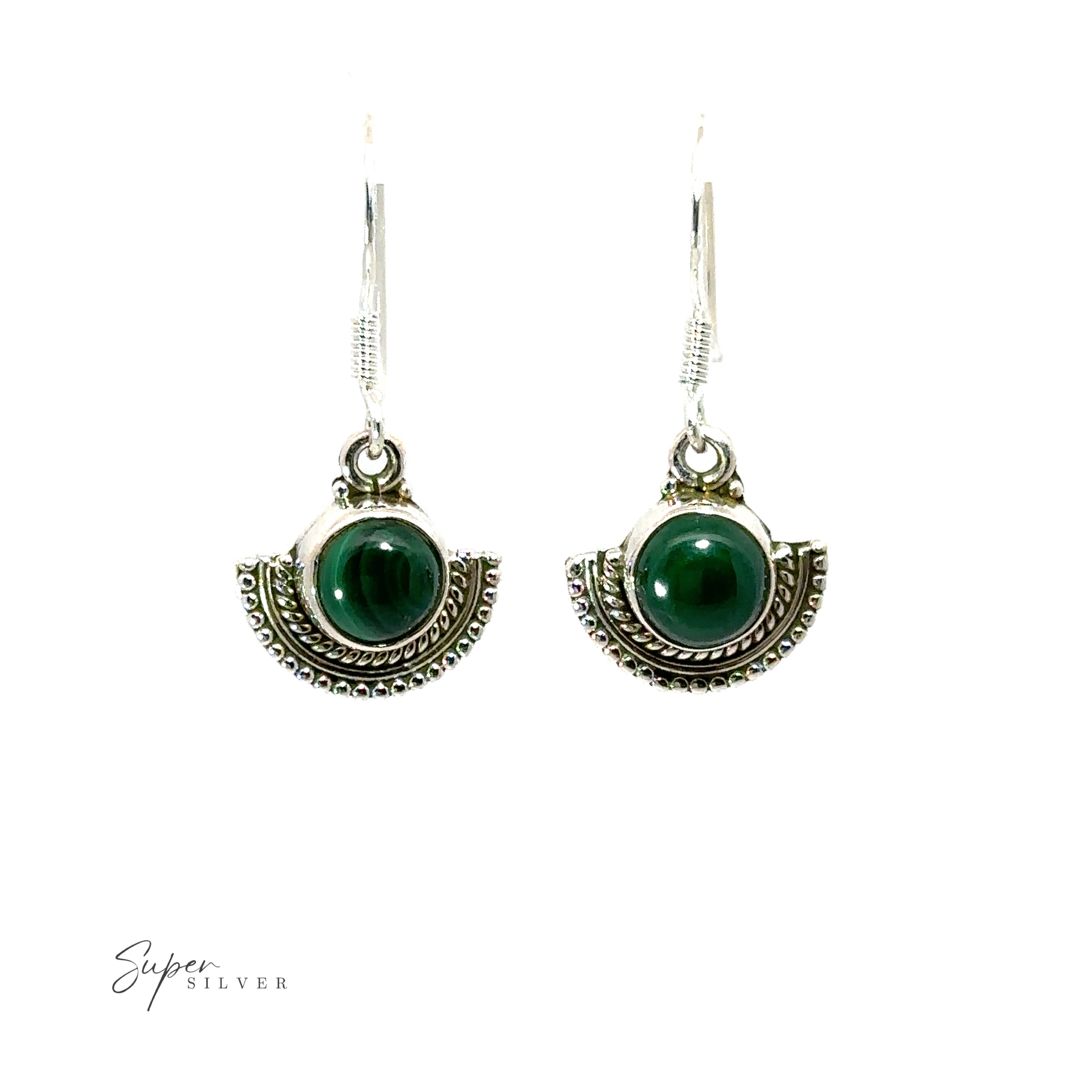 These Round Gemstone Earrings with Fan Setting feature round green jade stones set in a silver fan-like setting.