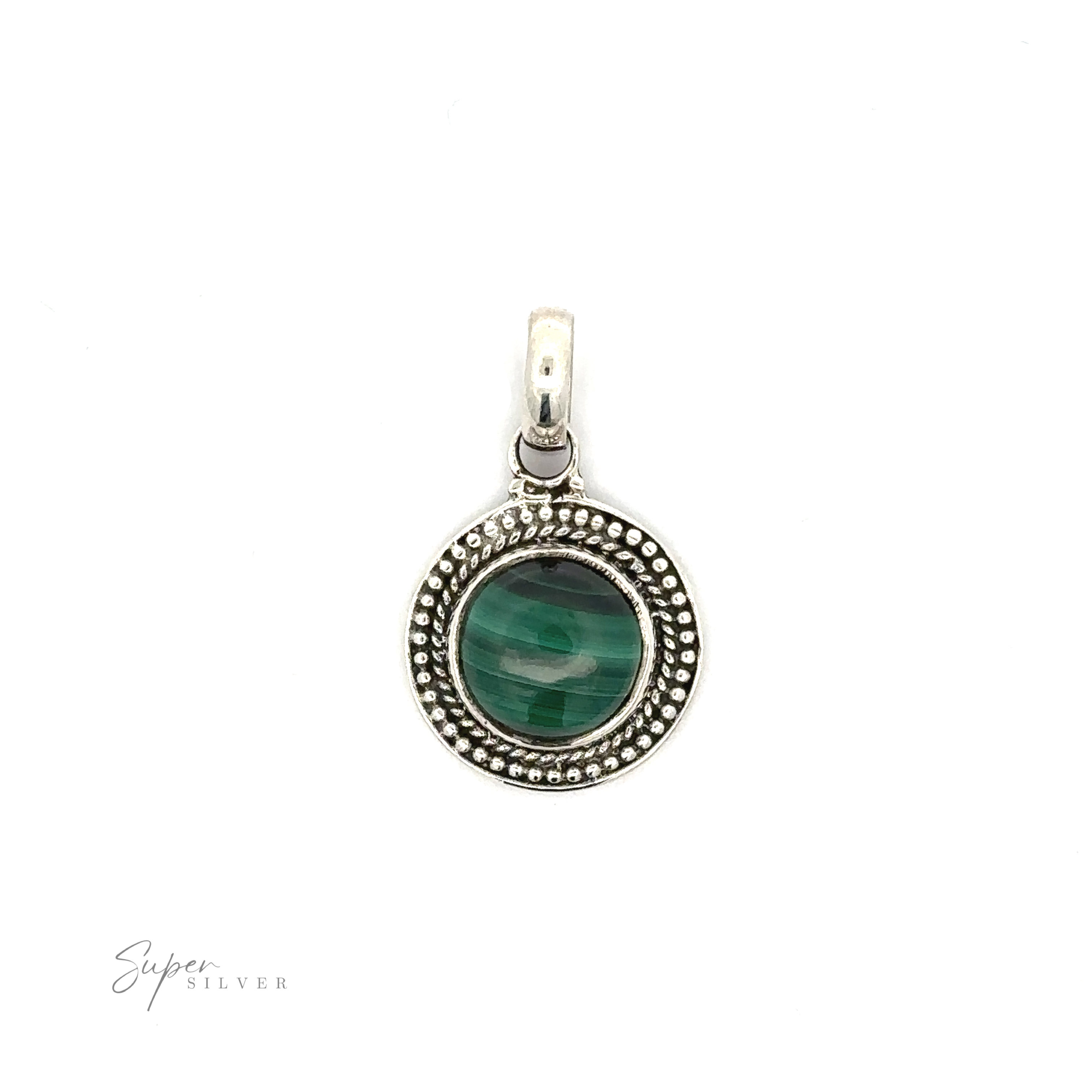 A Round Stone Pendant With Bead Design with a green stone.