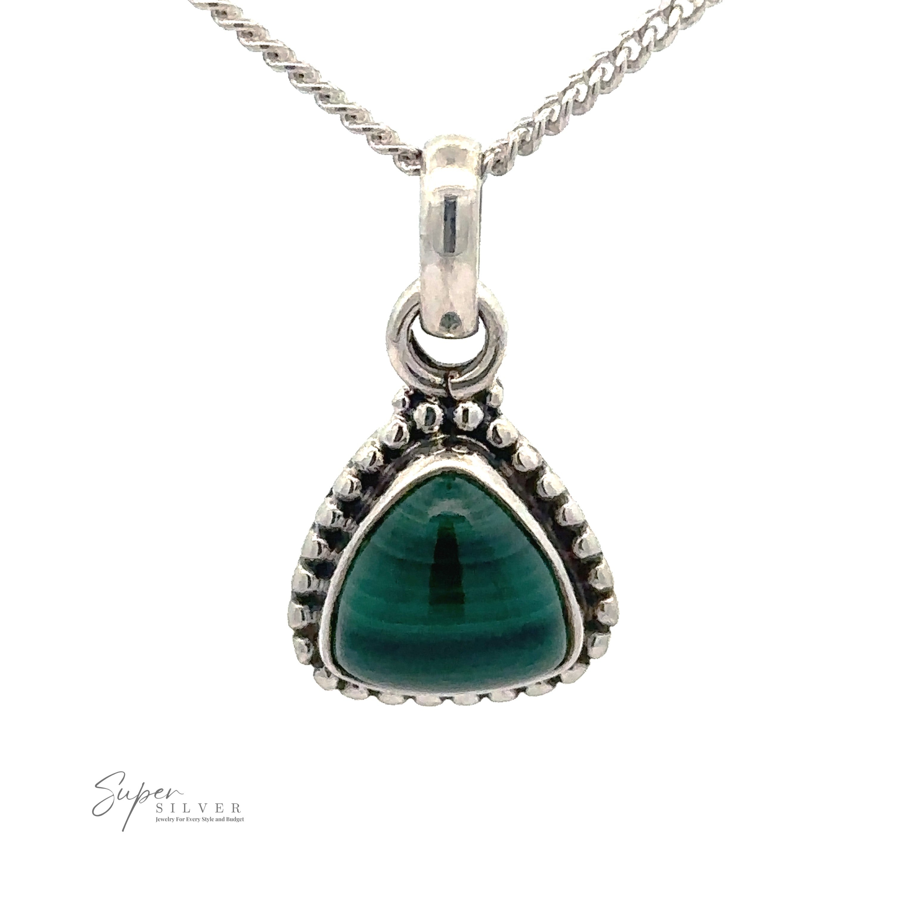 A Beautiful Triangular Shape Stone Pendant With Beaded Design set in Sterling Silver with a decorative, beaded design bail on a chain. The "Super Silver" logo appears in the bottom left.