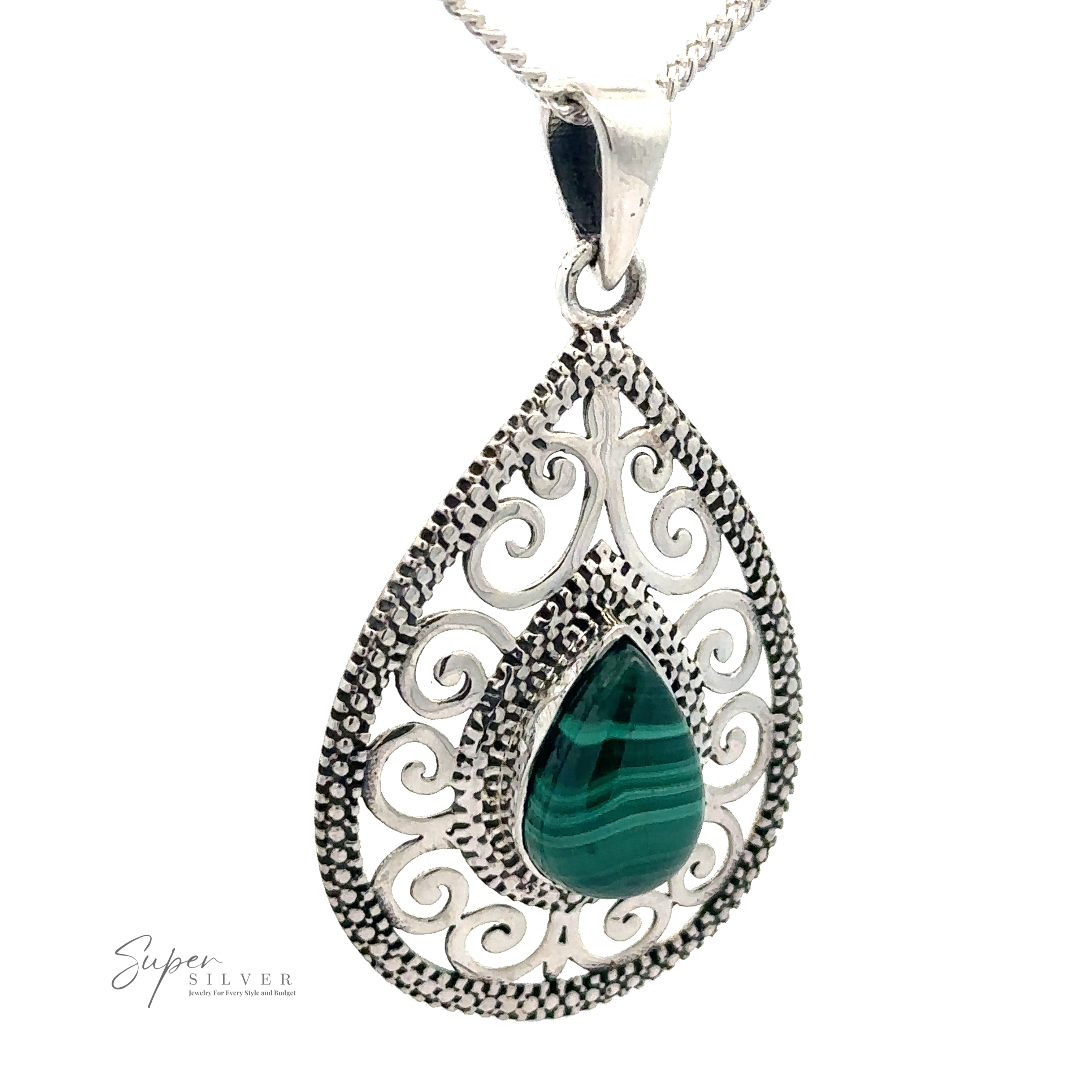 A Gemstone Teardrop Pendant with Swirls, featuring a teardrop-shaped green malachite stone surrounded by intricate filigree detailing. The chain is visible at the top.