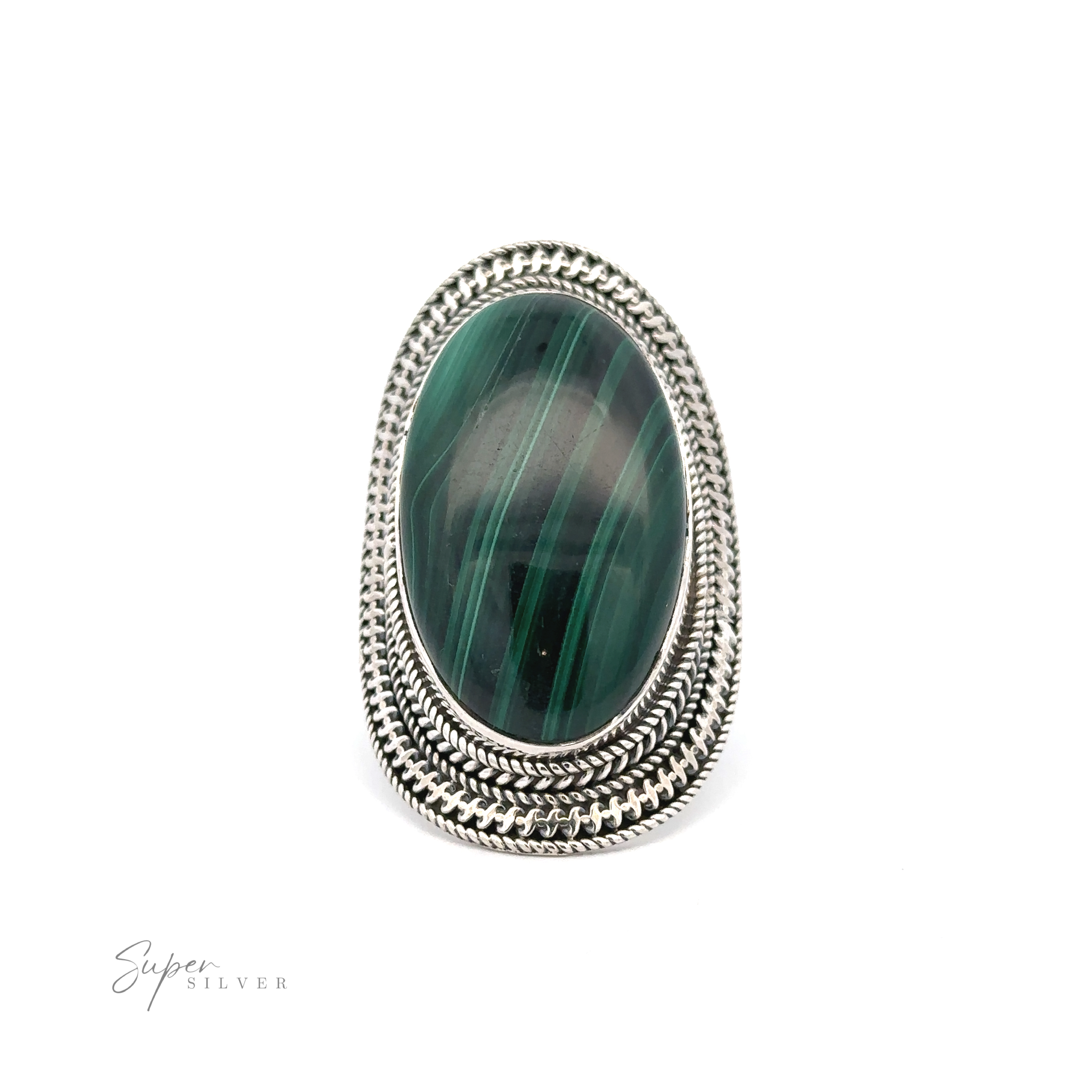 A Large Oval Shield Gemstone Ring featuring a large, oval green gemstone with dark green streaks set in an ornate, braided silver band design. The background is white with "Super Silver" inscribed at the bottom left, giving it a touch of bohemian flair.
