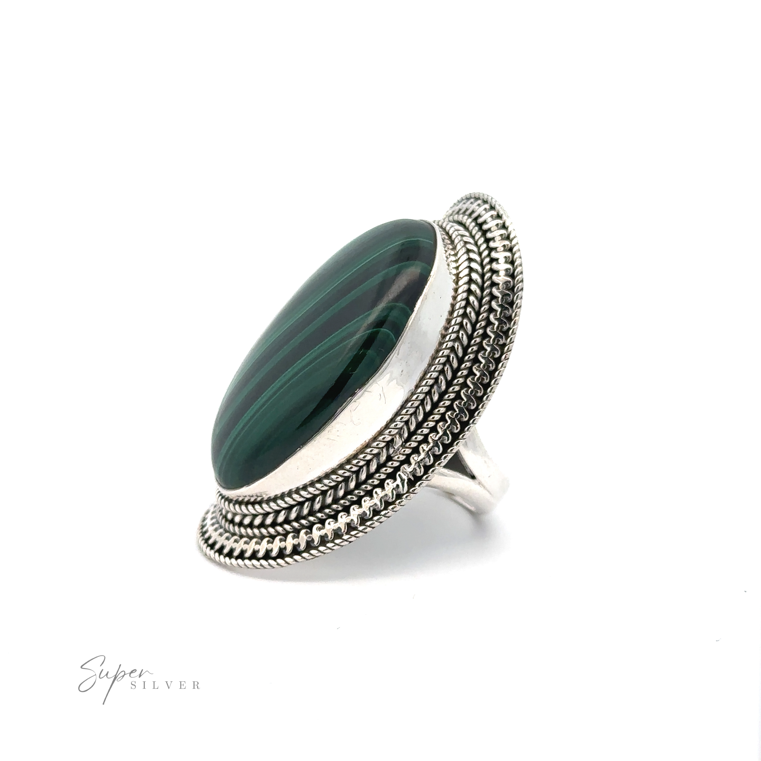 A Large Oval Shield Gemstone Ring with a large oval green stone featuring horizontal stripes, surrounded by intricate silver detailing and bohemian flair. Text reads "Super Silver".
