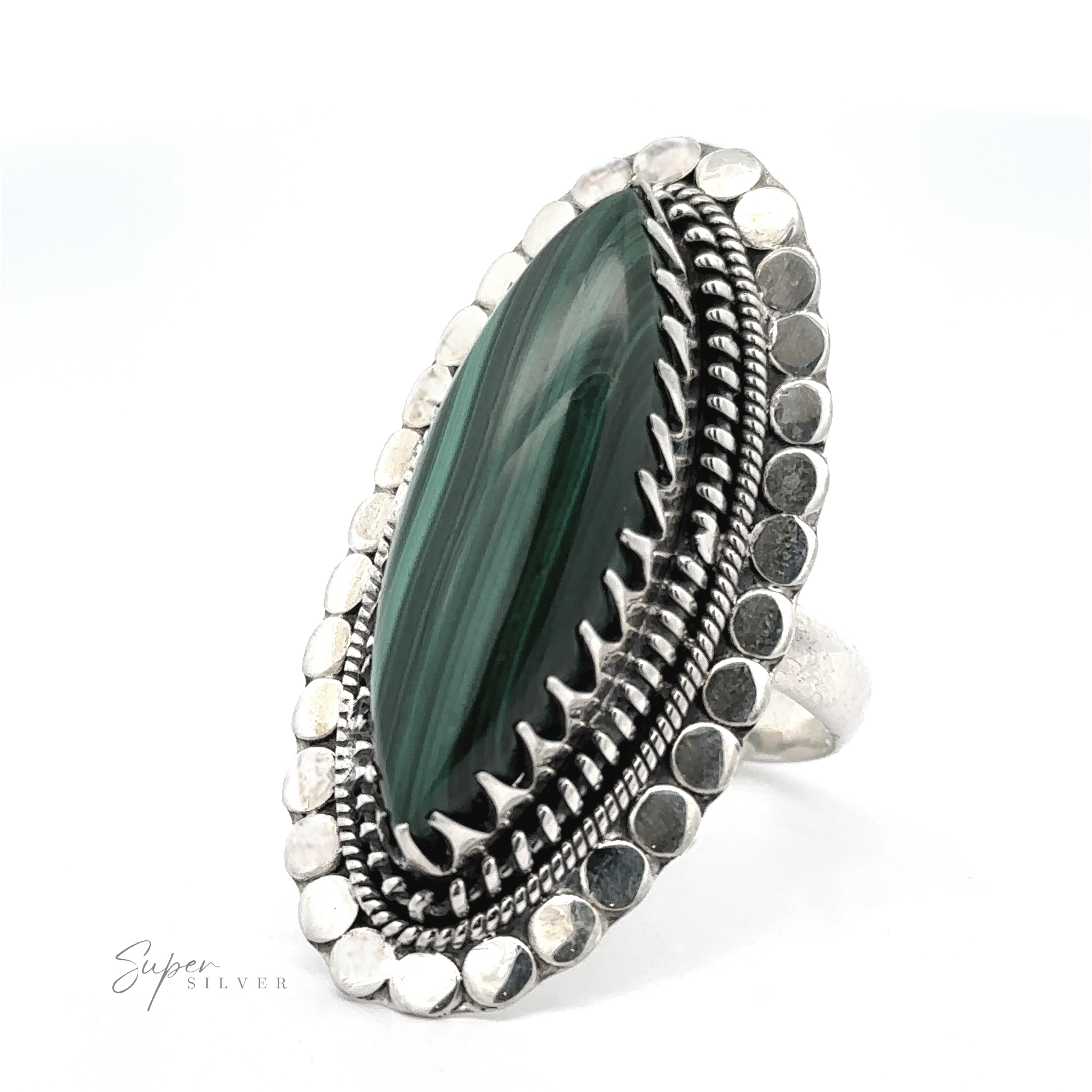 Statement Marquise Shaped Gemstone Ring with an elongated, marquise-shaped green gemstone, featuring intricate detailing and a textured border, displayed on a white background.