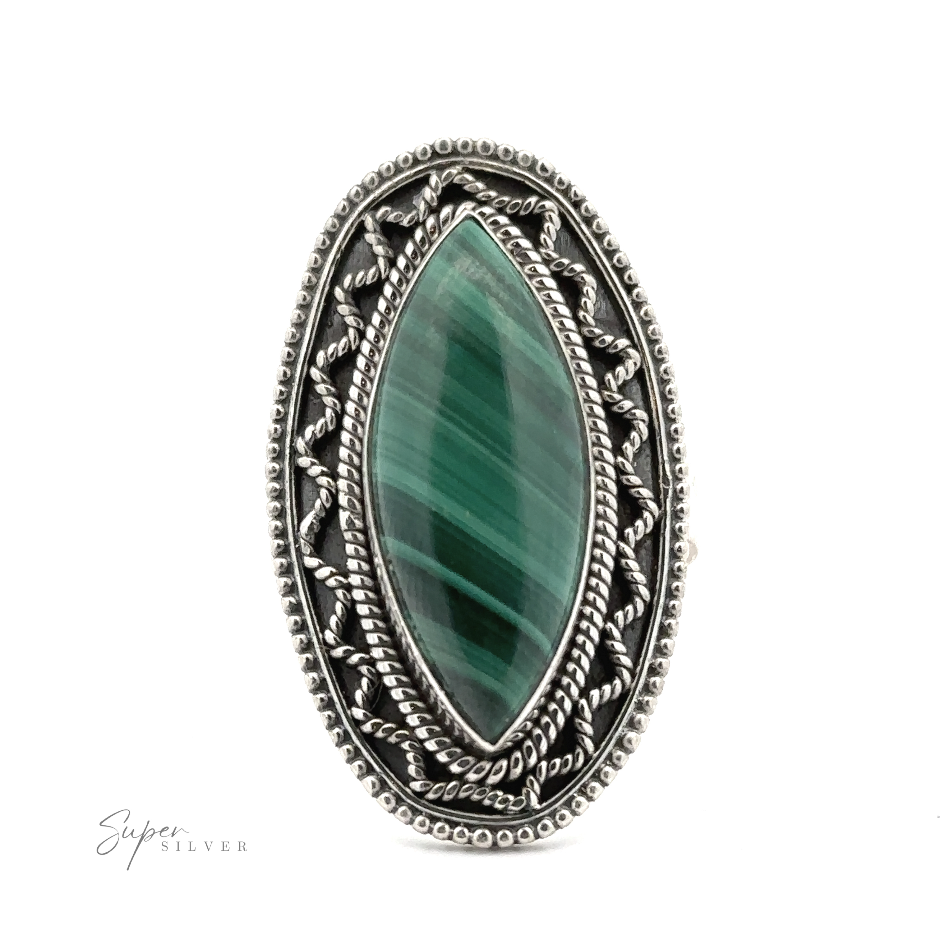 An intricately designed Marquise Shaped Gemstone Ring With Vintage Shield Border featuring an elongated green stone set in a detailed bezel with beaded and rope-like patterns, adding a Bohemian twist.