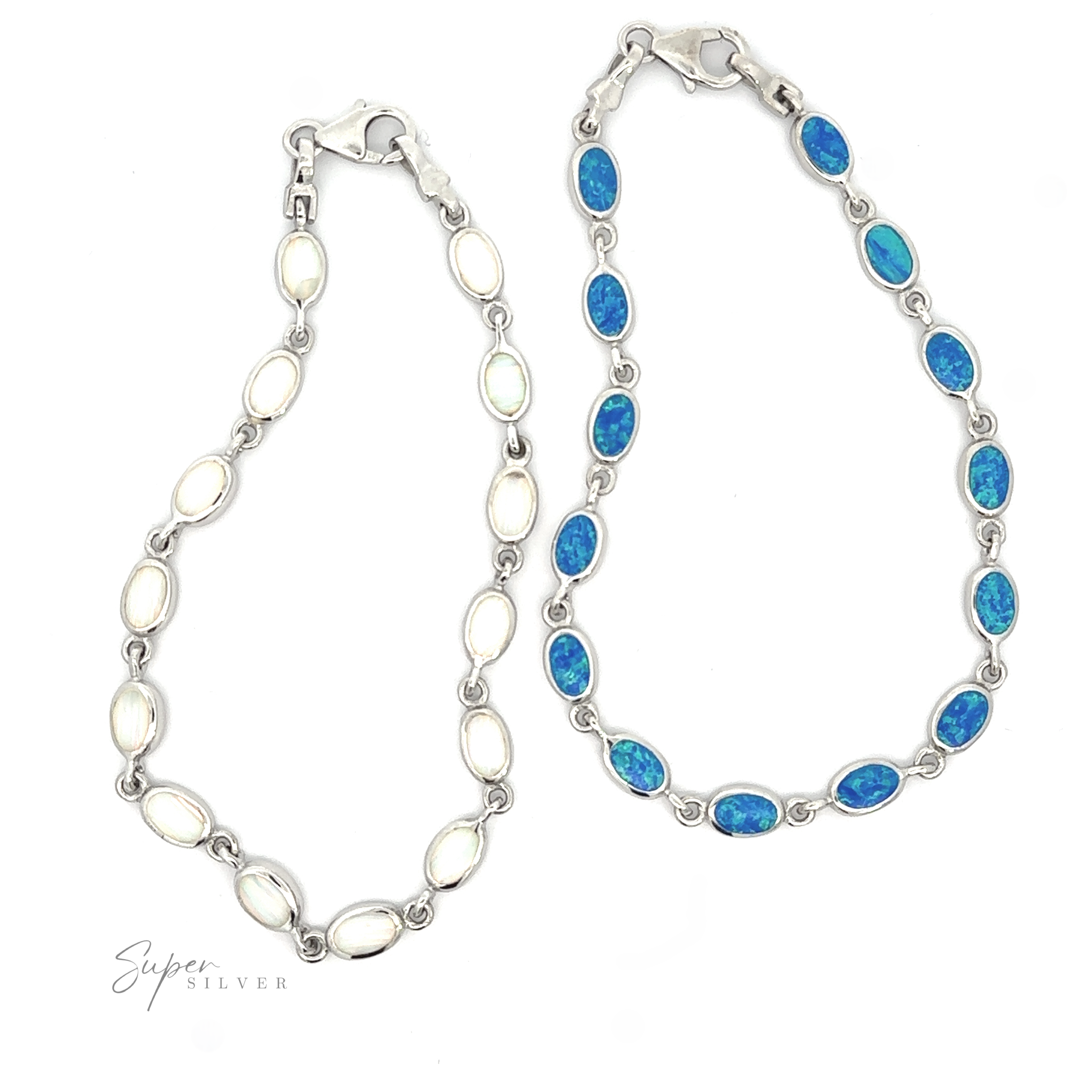 Two Simple Oval Link Opal Bracelets, one featuring blue opals and the other white, displayed on a white background.