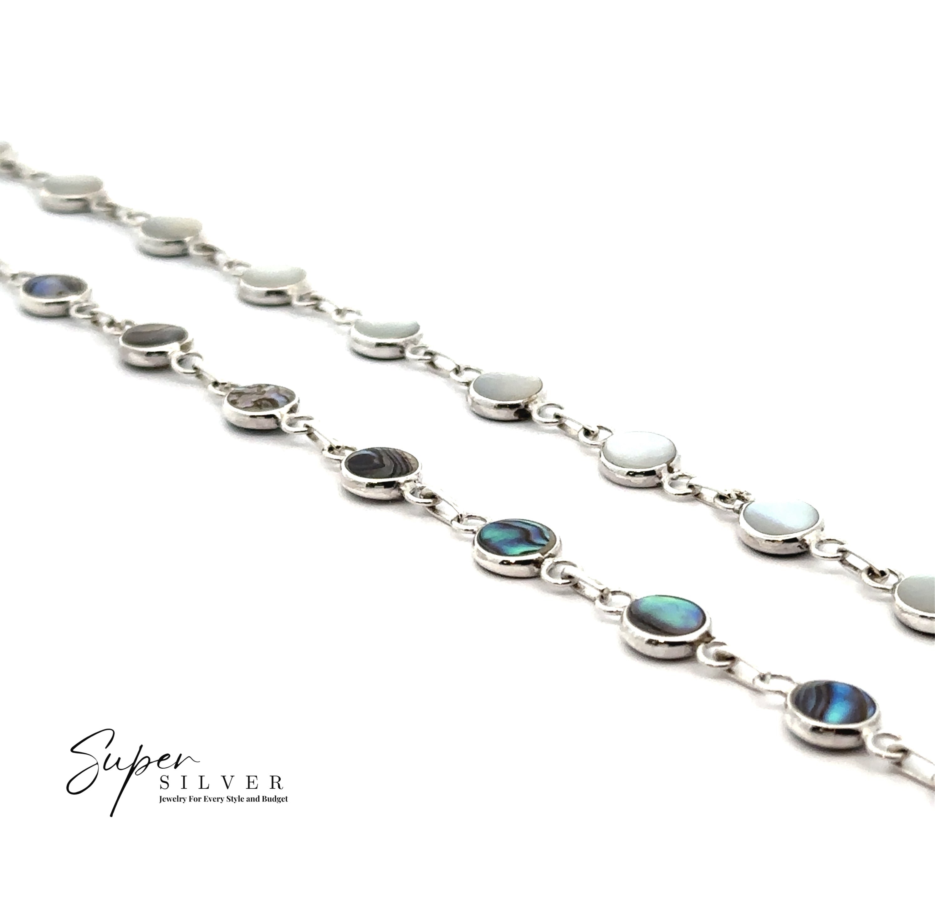 Two Reversible Round Inlay Stone Bracelets with Abalone and Mother of Pearl on silver chains, displayed on a white background with the "Super Silver" logo in the bottom left corner.