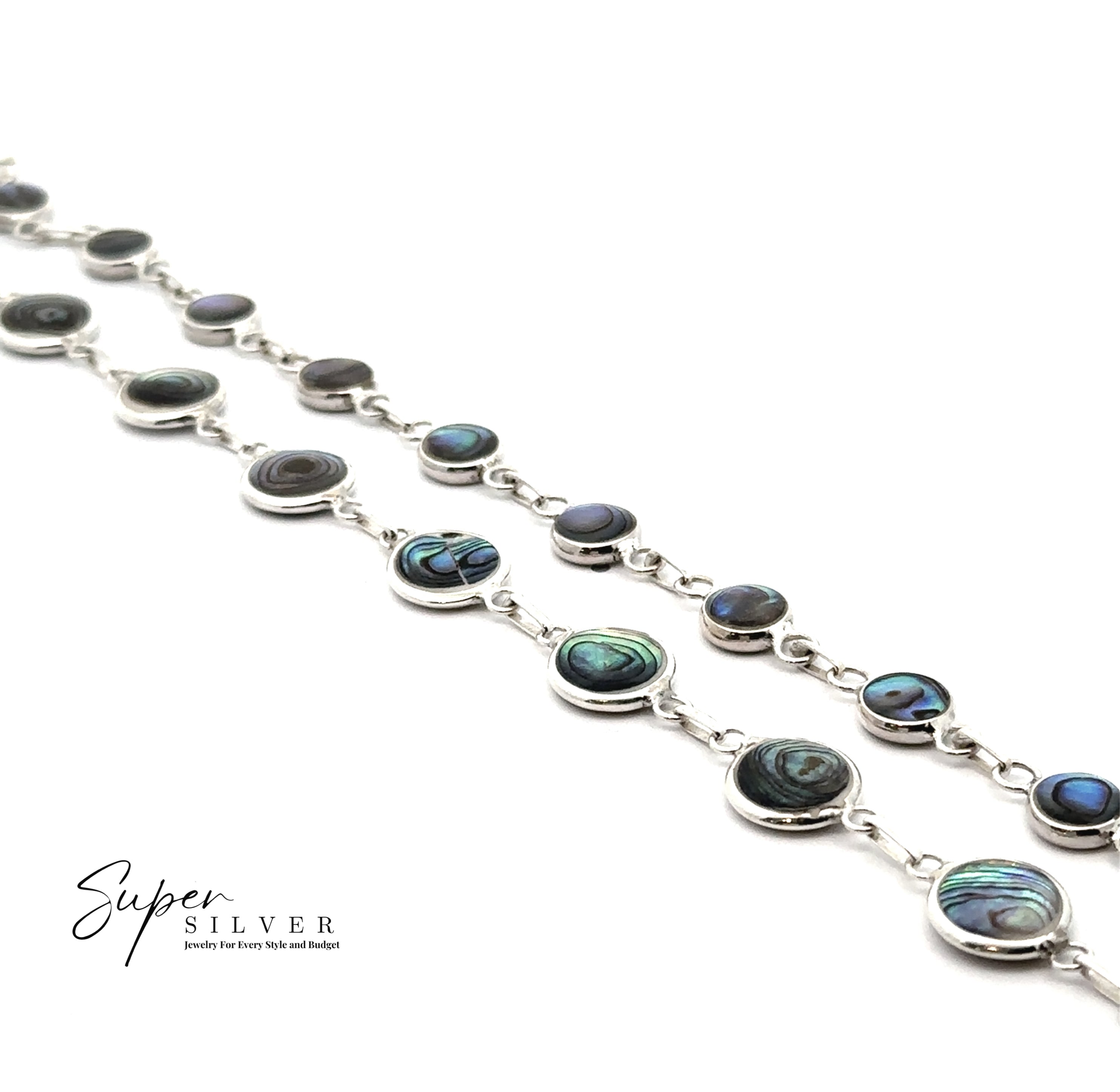 Two Reversible Round Inlay Stone Bracelets with silver chains and abalone or mother of pearl inlays are displayed on a white background, with the "Super Silver" logo at the bottom left.