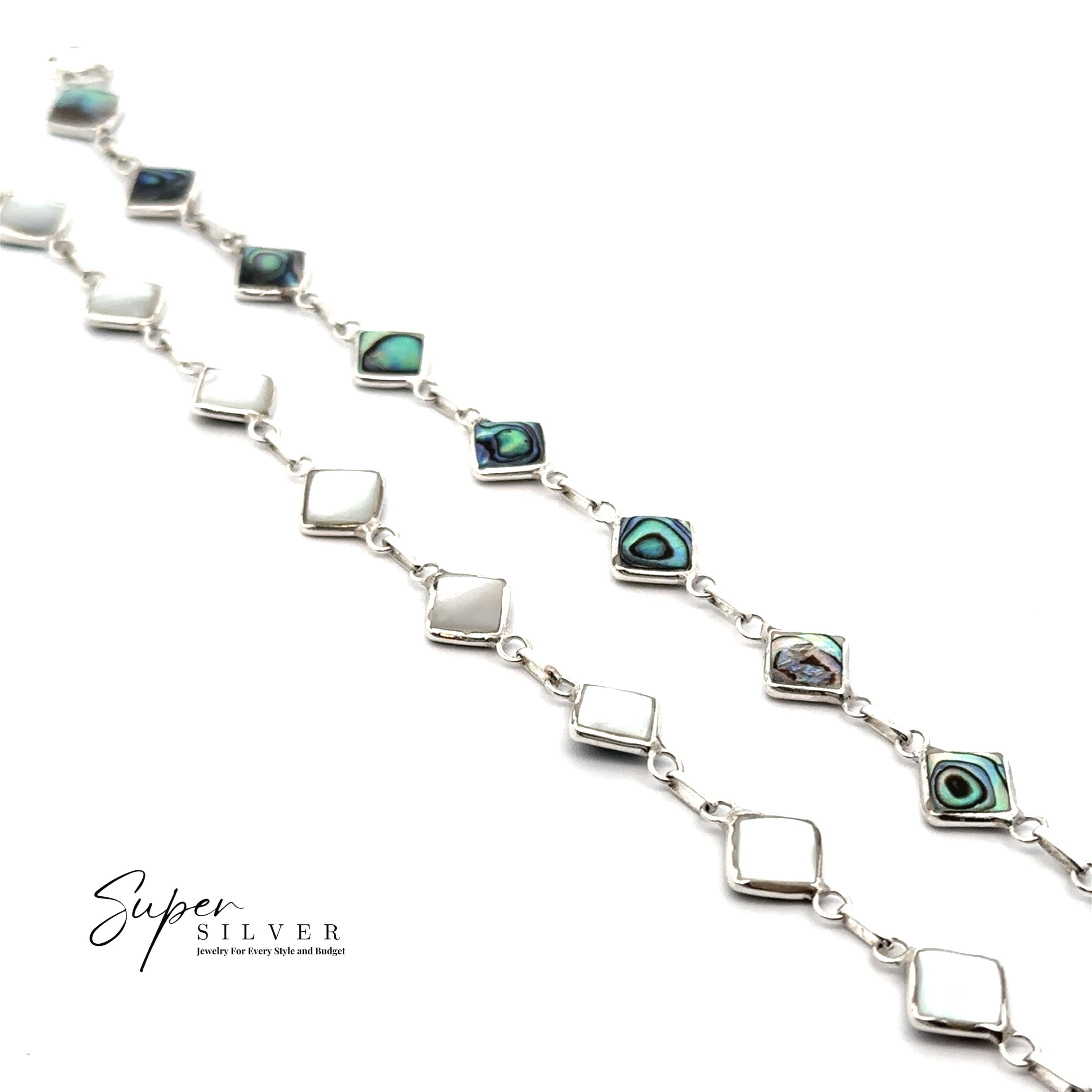 Two Reversible Diamond Shaped Inlay Stone Bracelets in sterling silver are shown diagonally on a white background, with the "Super Silver" logo—an eye-catching example of abalone jewelry.
