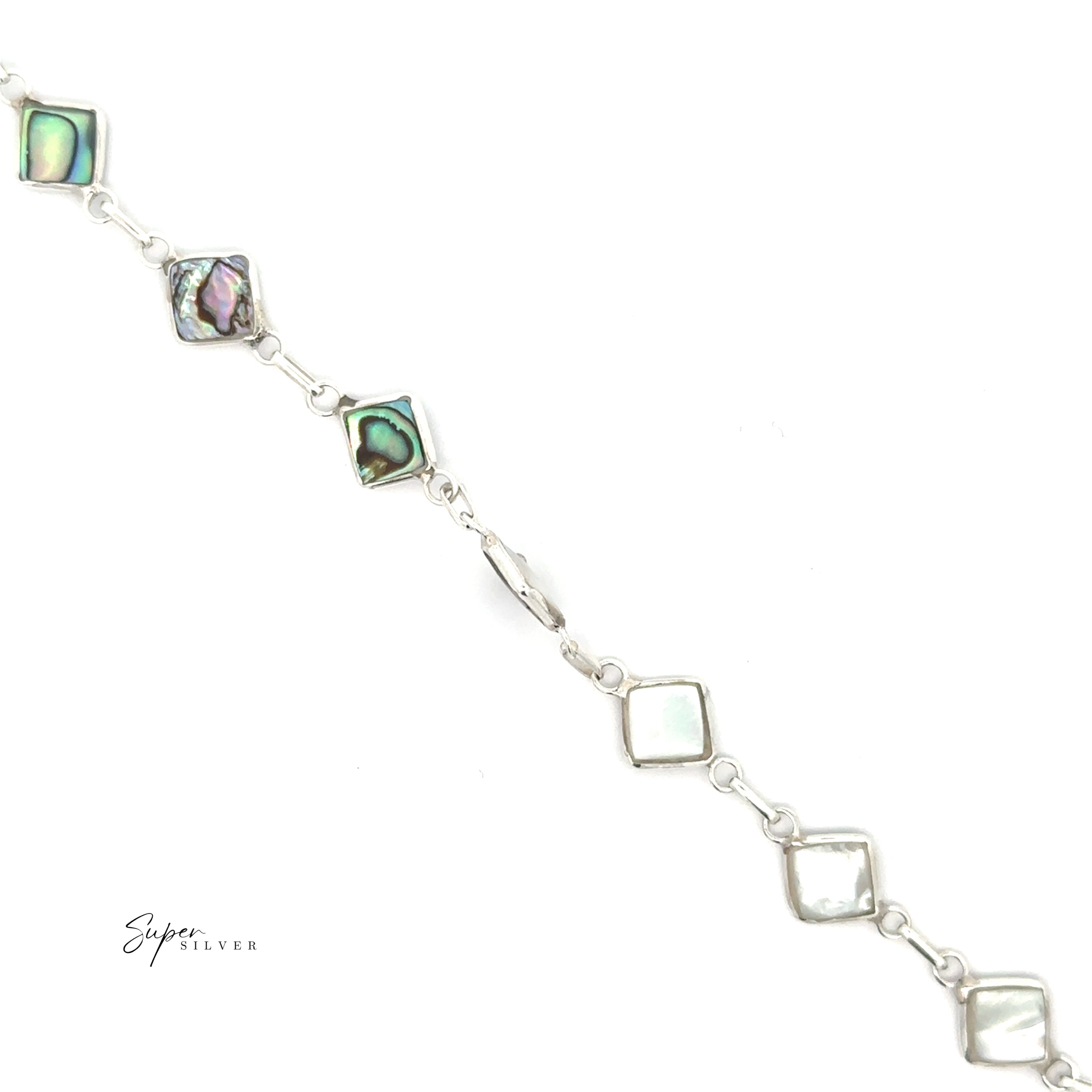 The Reversible Diamond Shaped Inlay Stone Bracelet features alternating abalone and white mother-of-pearl inlays in sterling silver, adding elegance and sophistication to any jewelry collection. Shown on a white background.