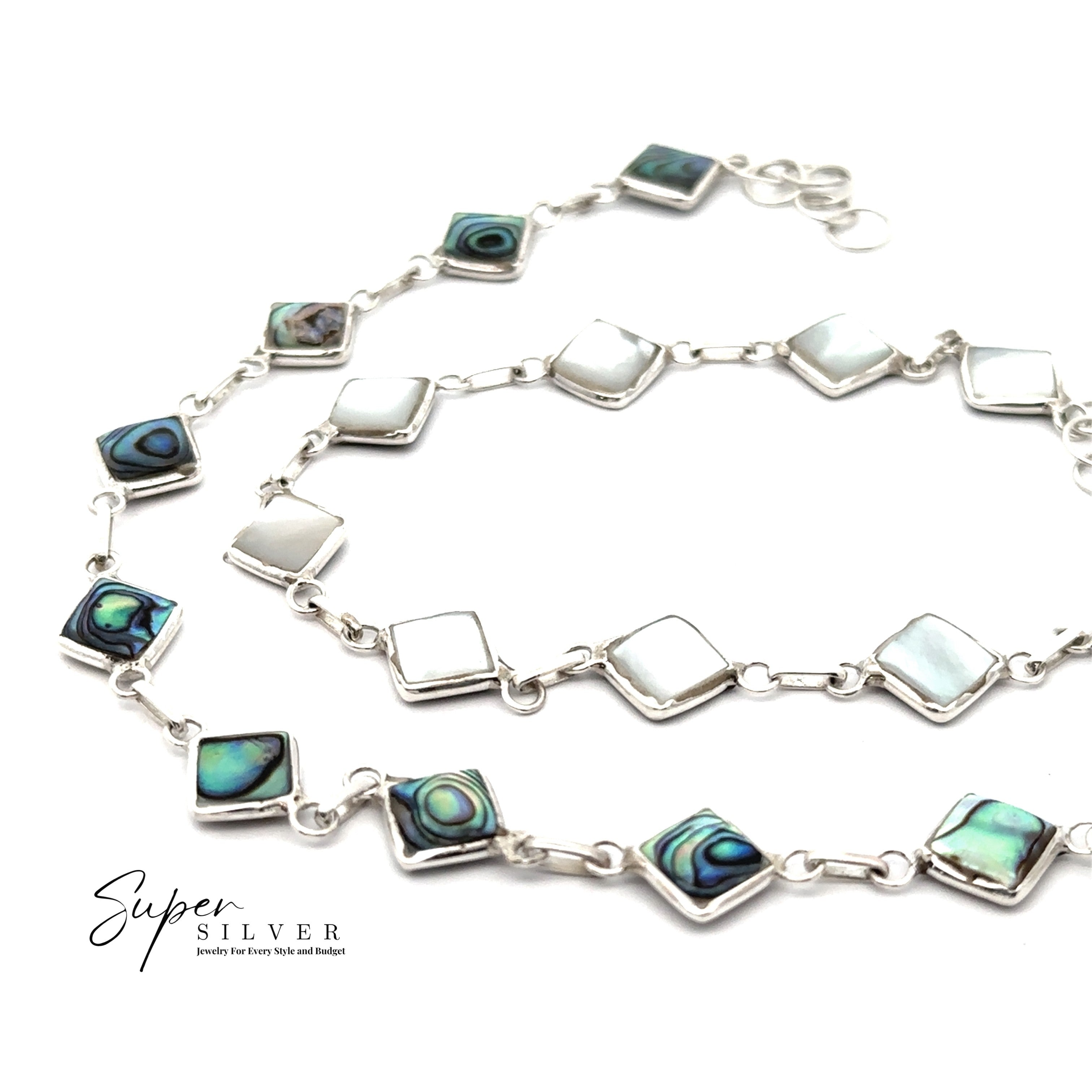 The Reversible Diamond Shaped Inlay Stone Bracelet features alternating abalone and white mother of pearl links in sterling silver, displayed on a white background with "Super Silver" branding—a stunning addition to any abalone jewelry collection.