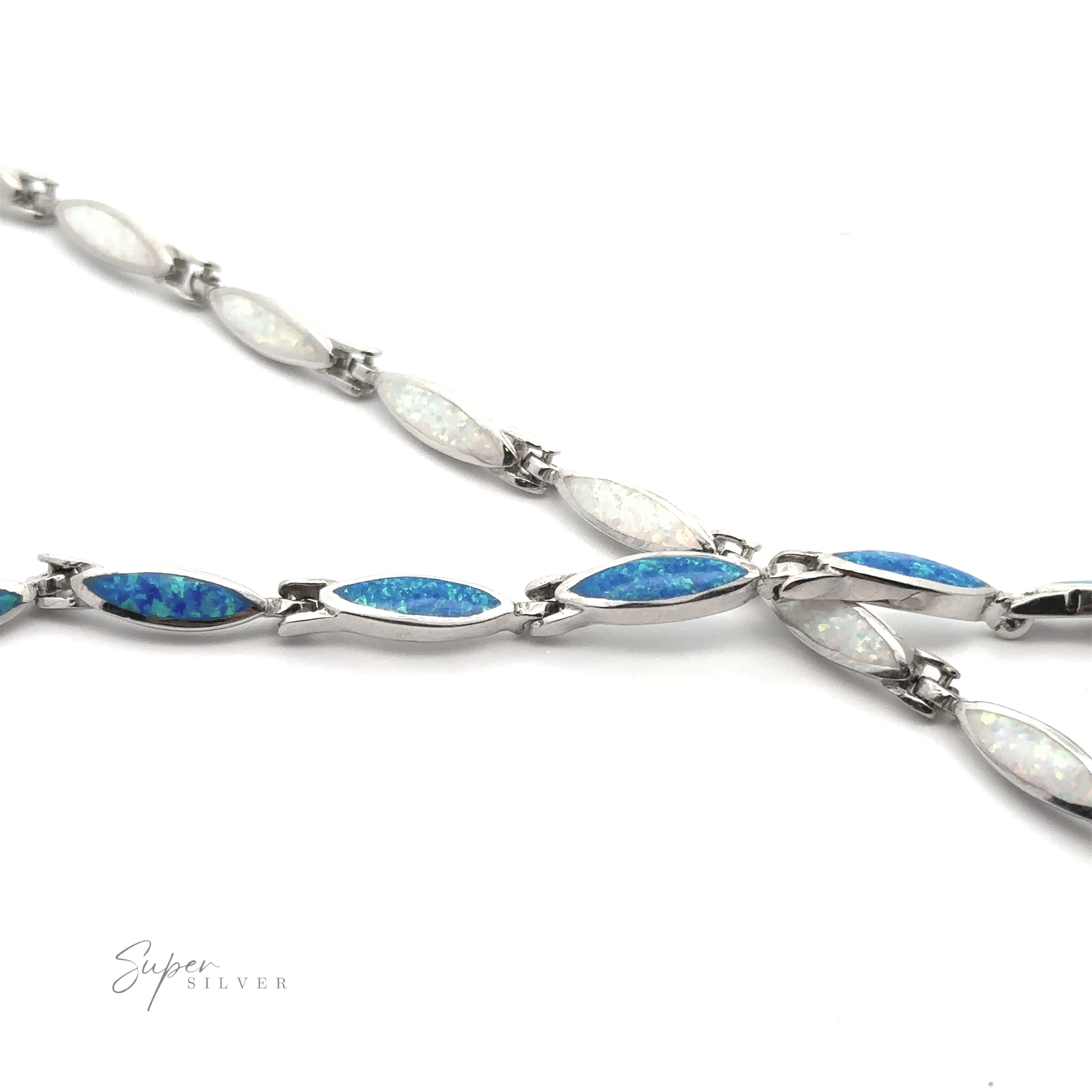 A Marquise-Shaped Lab-Created Opal Bracelet featuring alternating blue and white opal stones in a linked pattern, crafted in .925 Sterling Silver. The background is white with the text "Super Silver" in the bottom left corner.