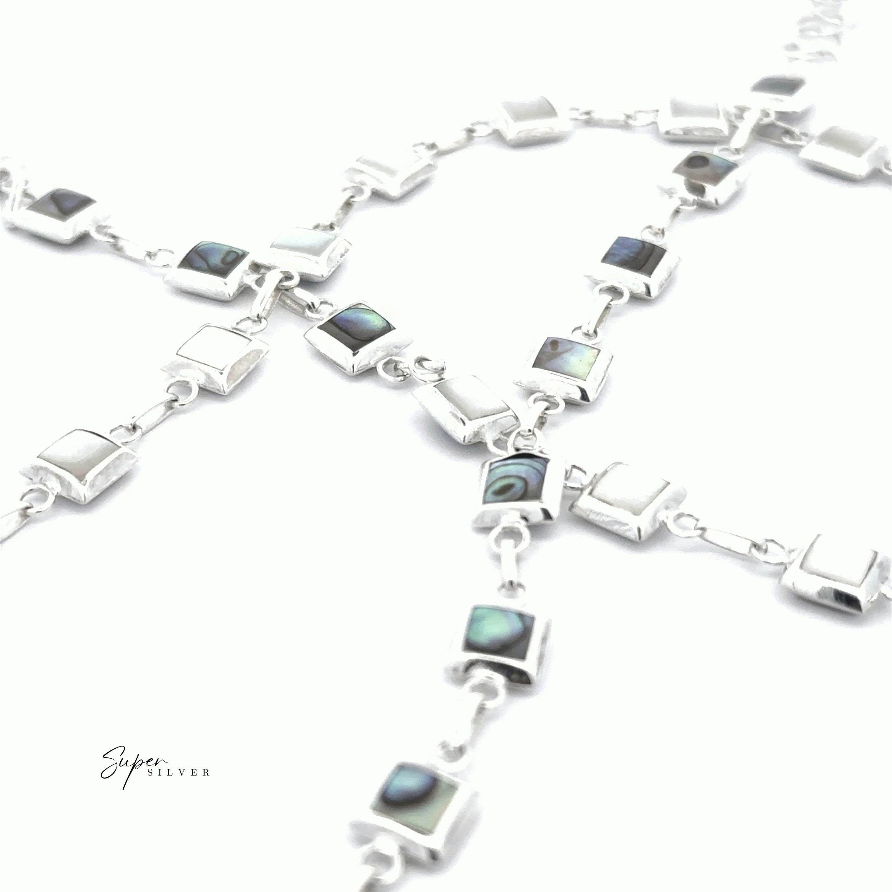 Reversible Square Stone Inlay Bracelet with abalone shell inlays, shown on a white background. The brand name "Super Silver" is displayed in the lower left corner.