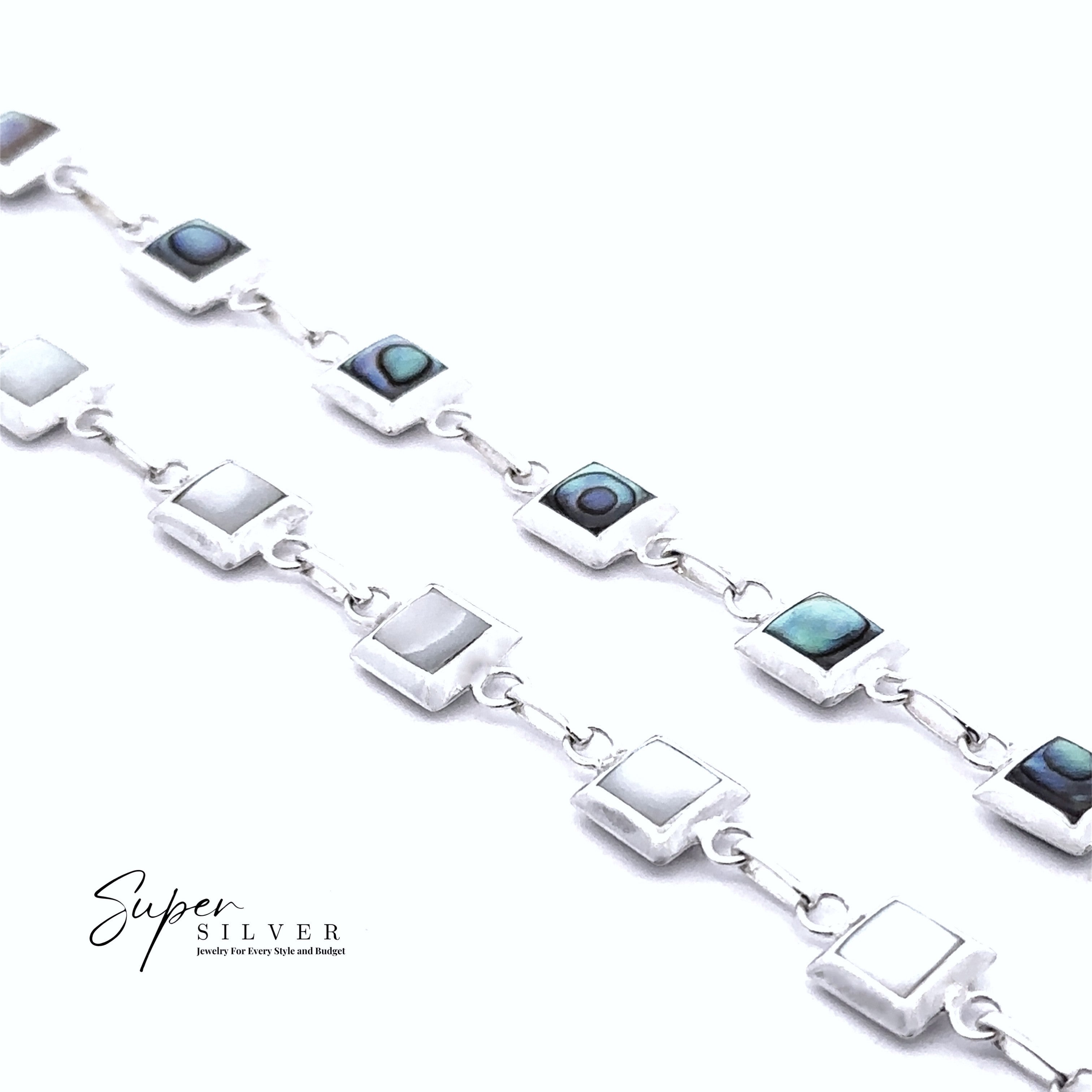 Two Reversible Square Stone Inlay Bracelets—one with abalone for iridescent shine, the other with mother of pearl white inlays—are displayed on a white background. "Super Silver" logo appears in the corner.