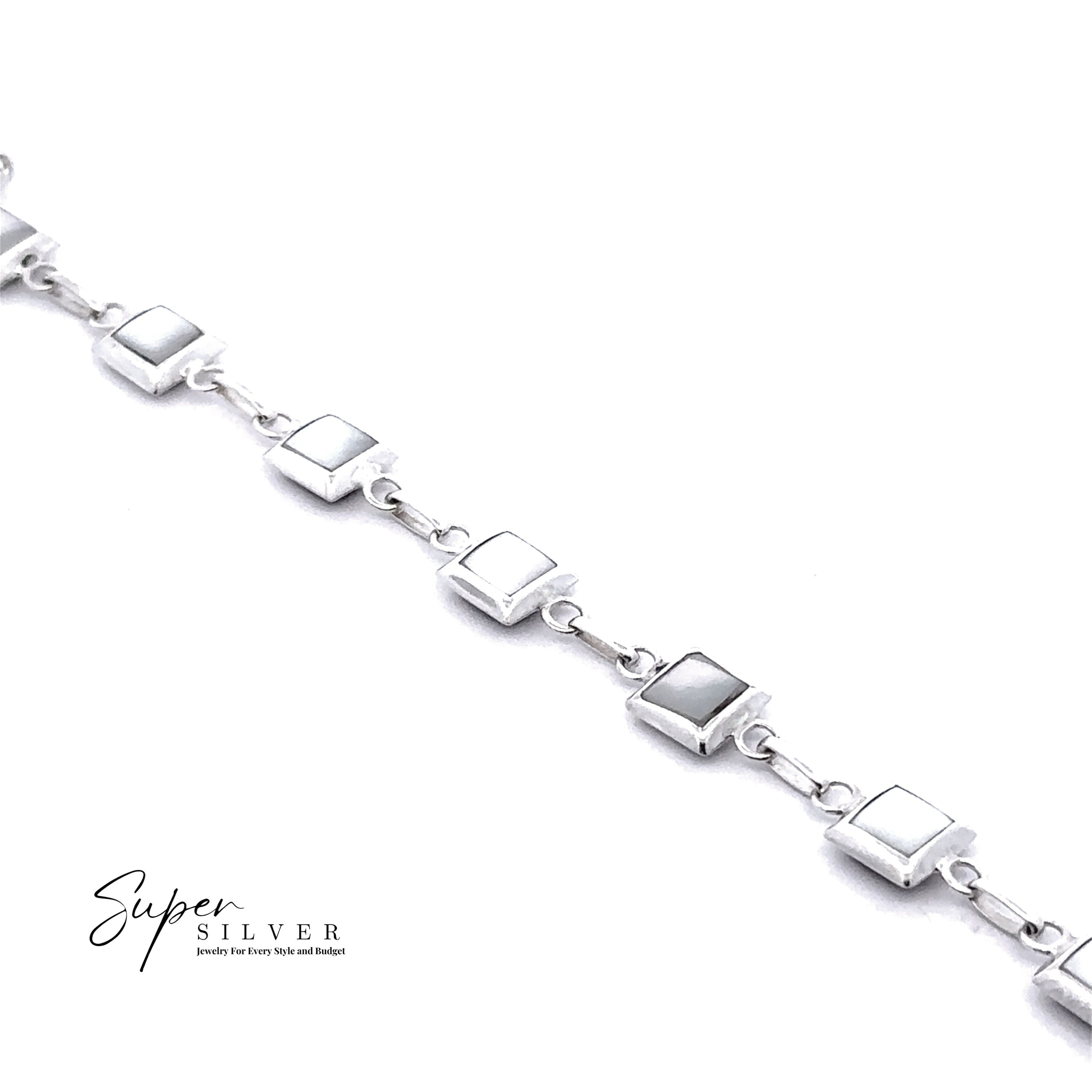 The Reversable Square Stone Inlay Bracelet, featuring silver square-shaped links joined by small circular connectors, is displayed on a white background with the "Super Silver" logo in the lower left corner.