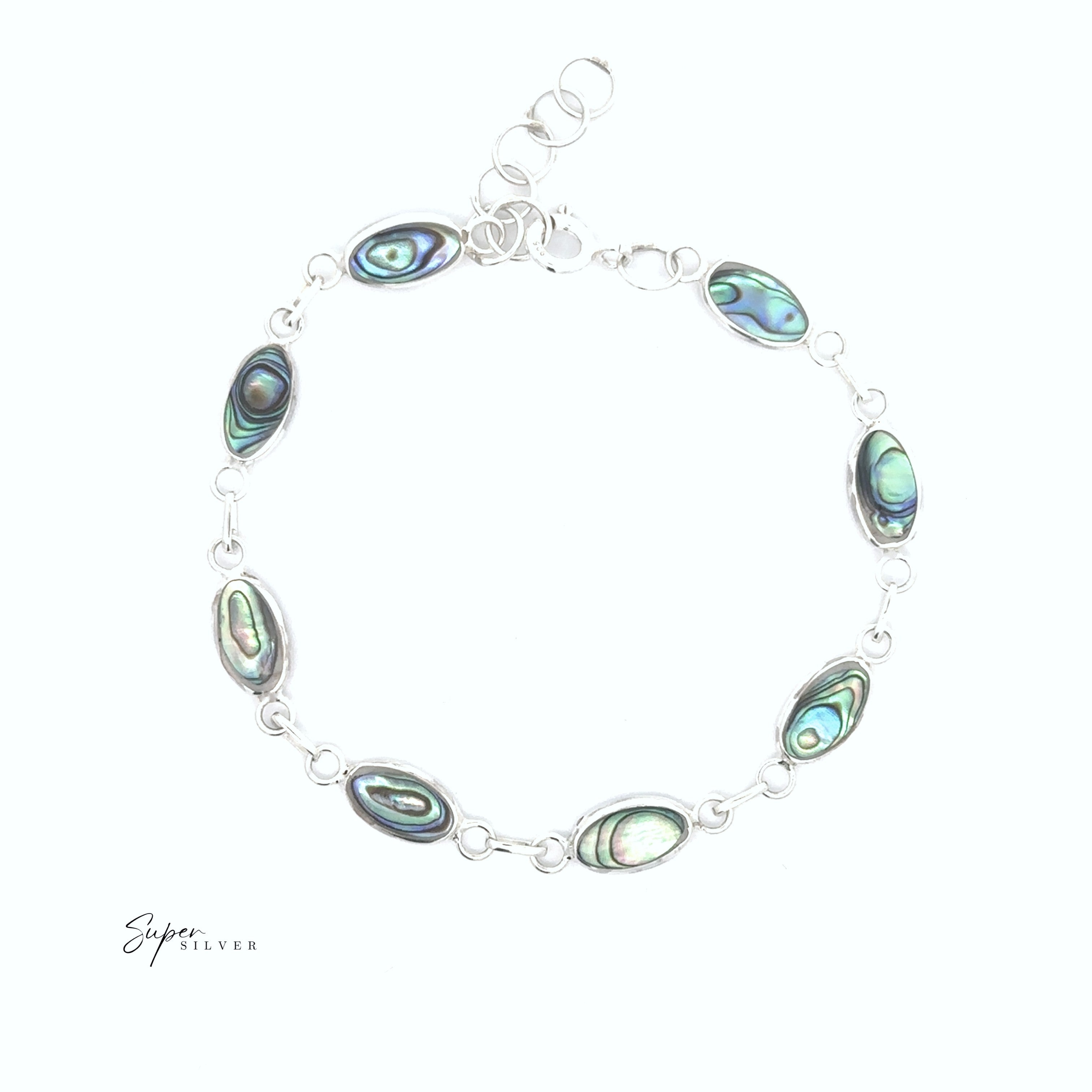 The Reversible Oval Shaped Inlay Stone Bracelet features silver links with abalone shell inlays and is shown on a plain white background.