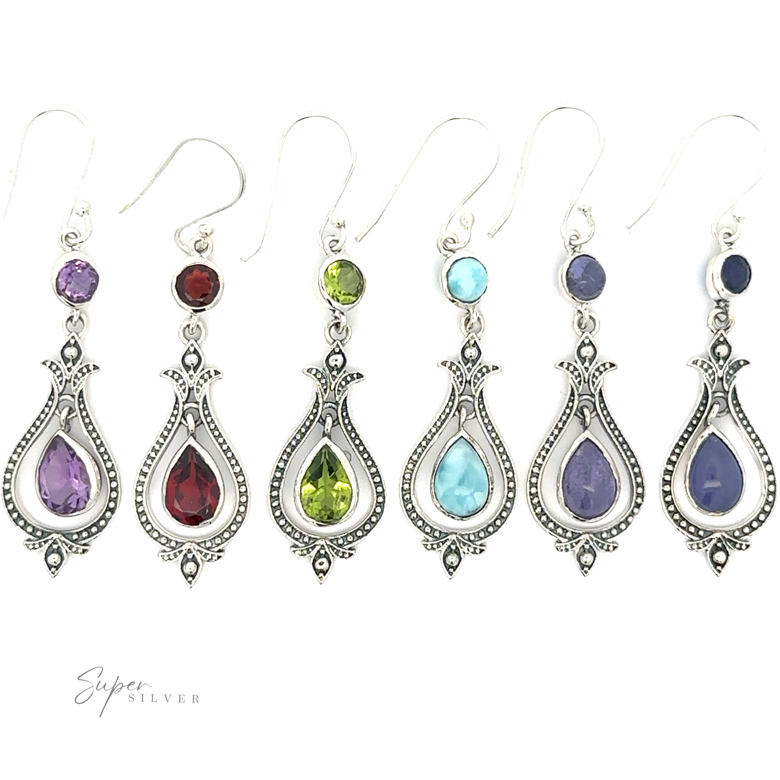 A set of six pairs of Vintage-Styled Teardrop Earrings with Gemstones, each showcasing a different colored gemstone—purple, red, green, light blue, dark blue, and white—in a .925 Sterling Silver dangle earrings design.