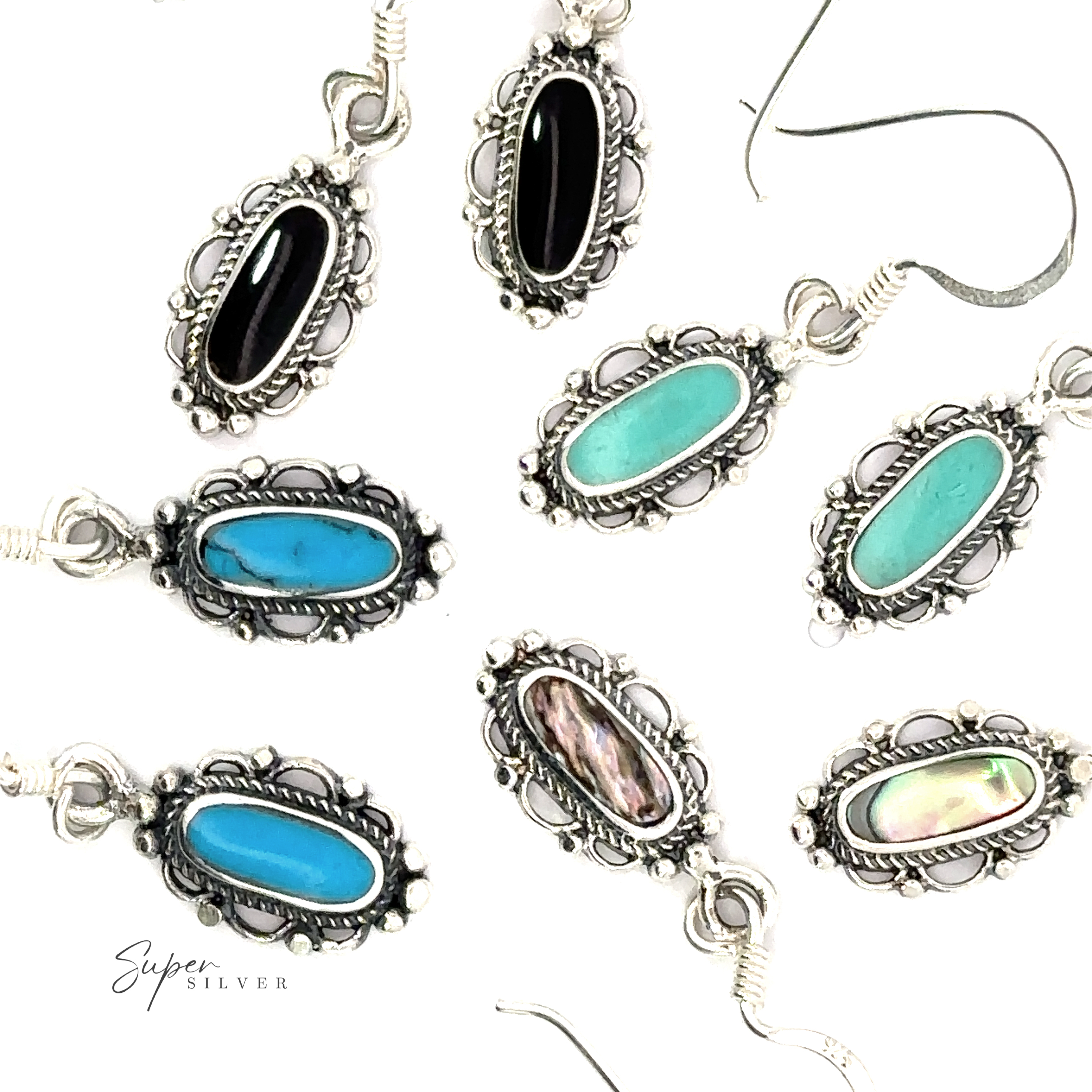 A collection of Dainty Vintage Inspired Oval Inlaid Stone Earrings in turquoise, black, and iridescent colors, set in ornate sterling silver surroundings.