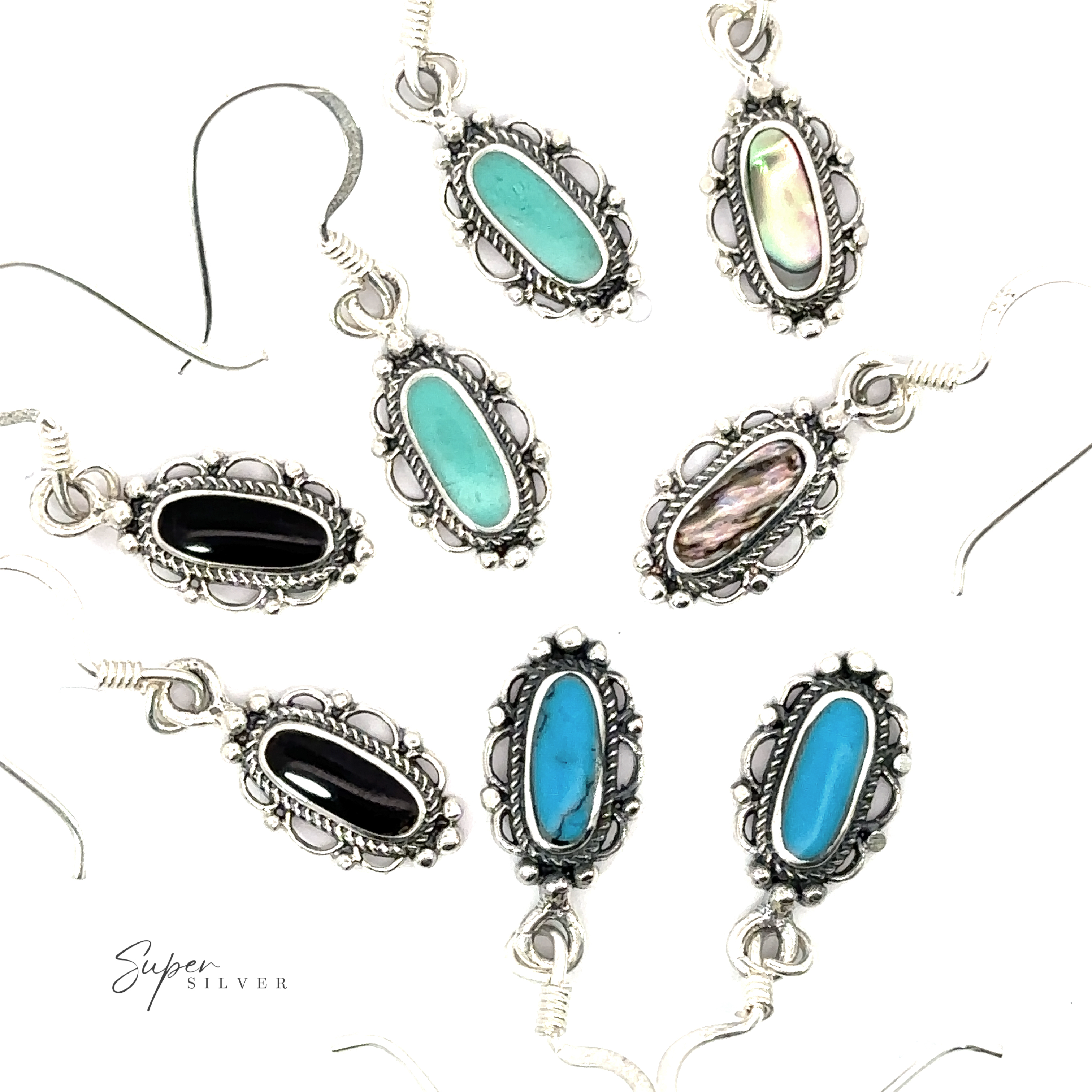 Dainty Vintage Inspired Oval Inlaid Stone Earrings with colorful stones.