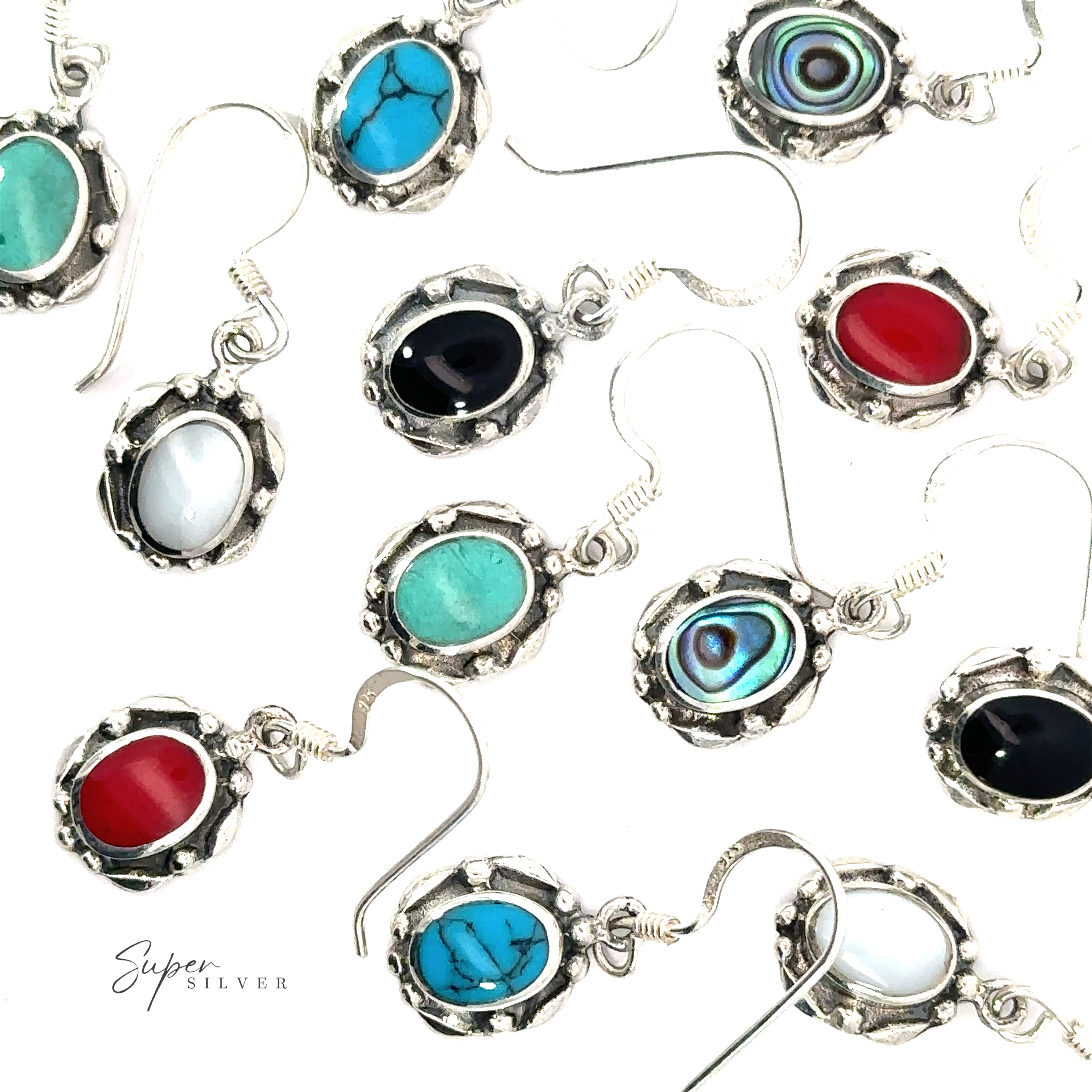 A group of Oval Inlaid Stone Earrings on a white background.
