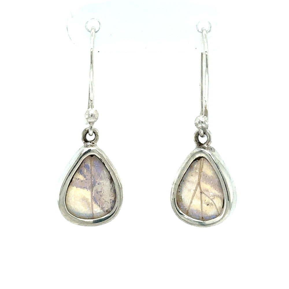 
                  
                    A pair of Small Wide Teardrop Butterfly Wing Earrings with a tear shaped stone.
                  
                