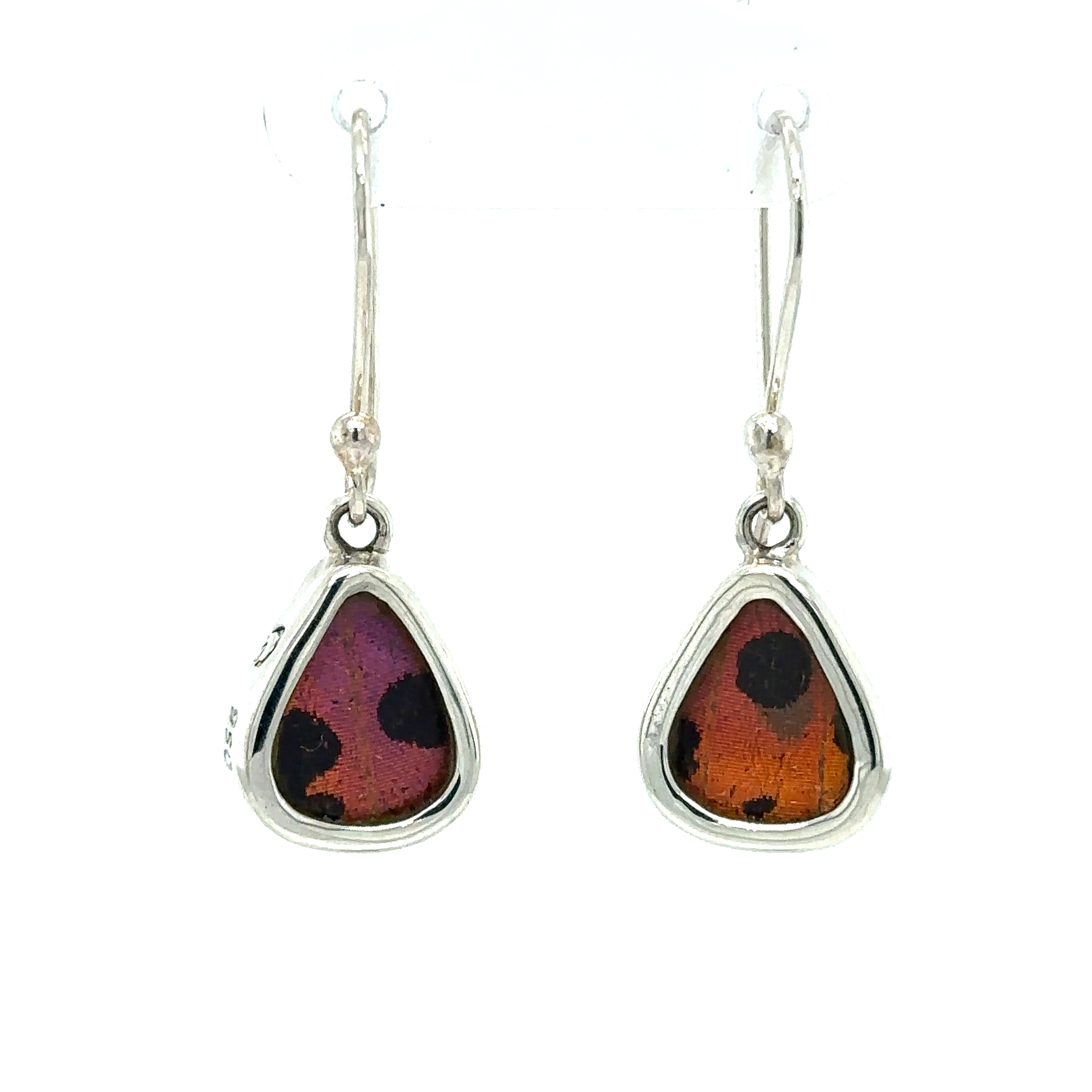 A pair of Small Wide Teardrop Butterfly Wing Earrings with a purple and pink glass, perfect for those who love boho jewelry.