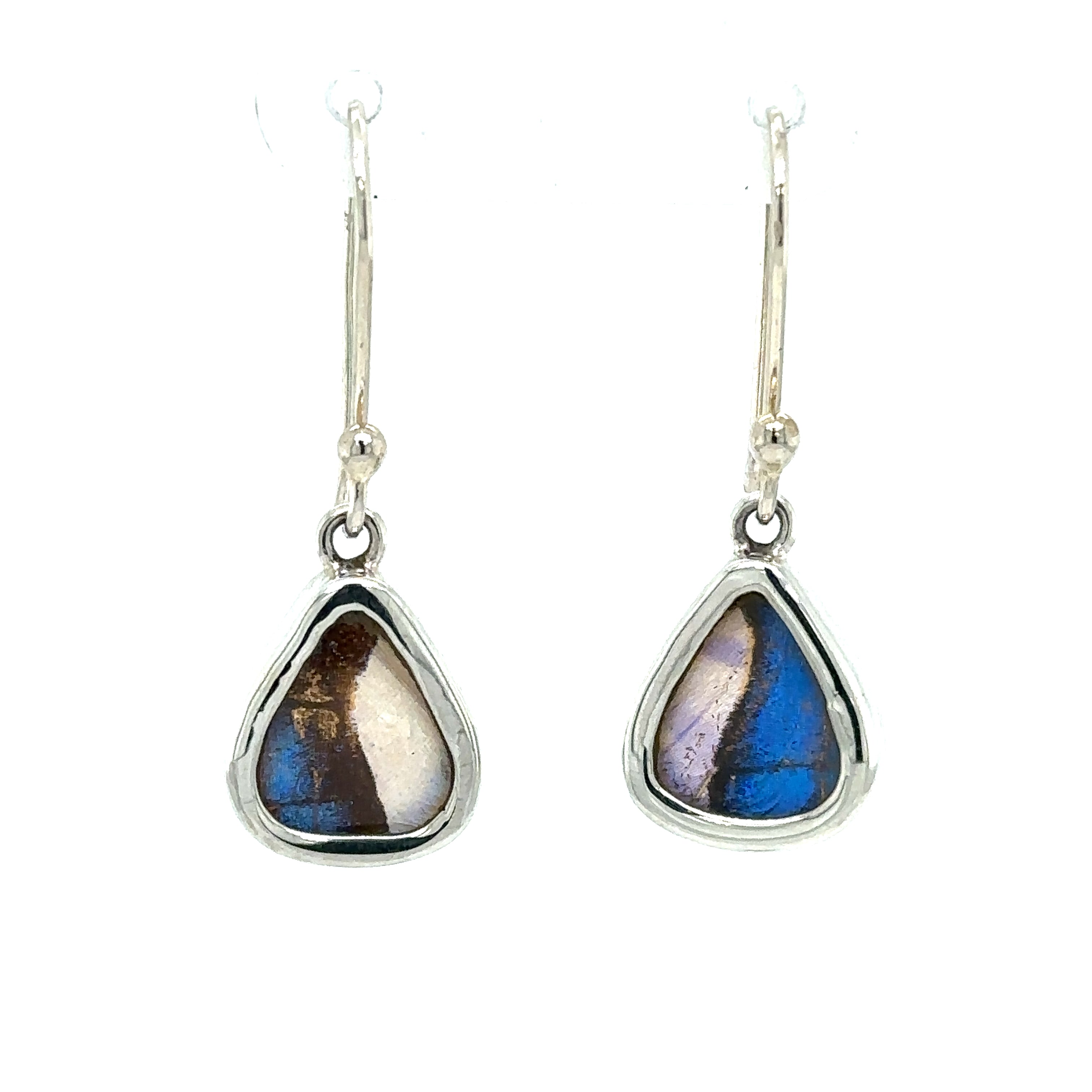 A pair of small wide teardrop butterfly wing earrings with blue and white labradorite.