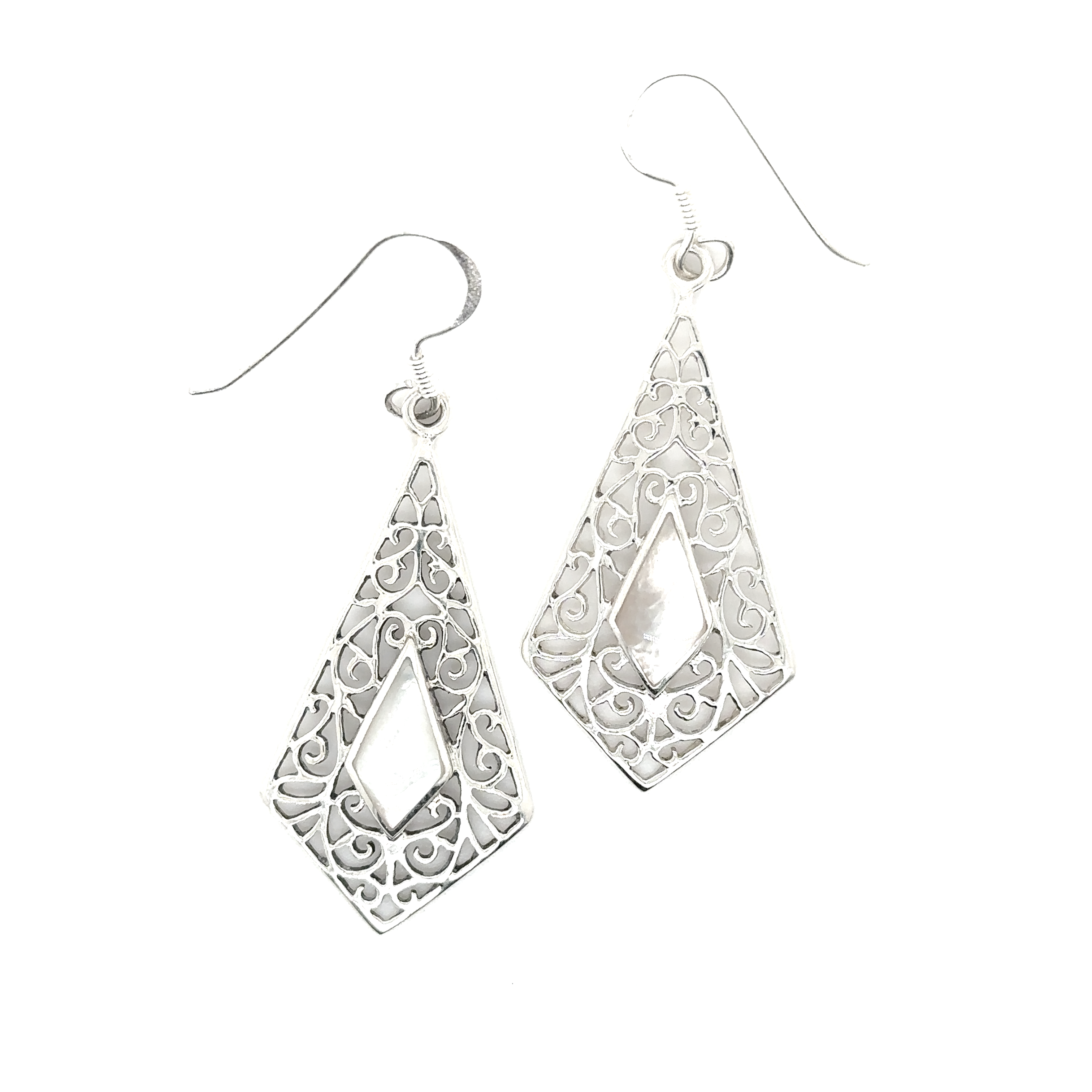 A pair of Super Silver Elongated Diamond Teardrop Earrings with Inlaid Stones with intricate filigree patterns.