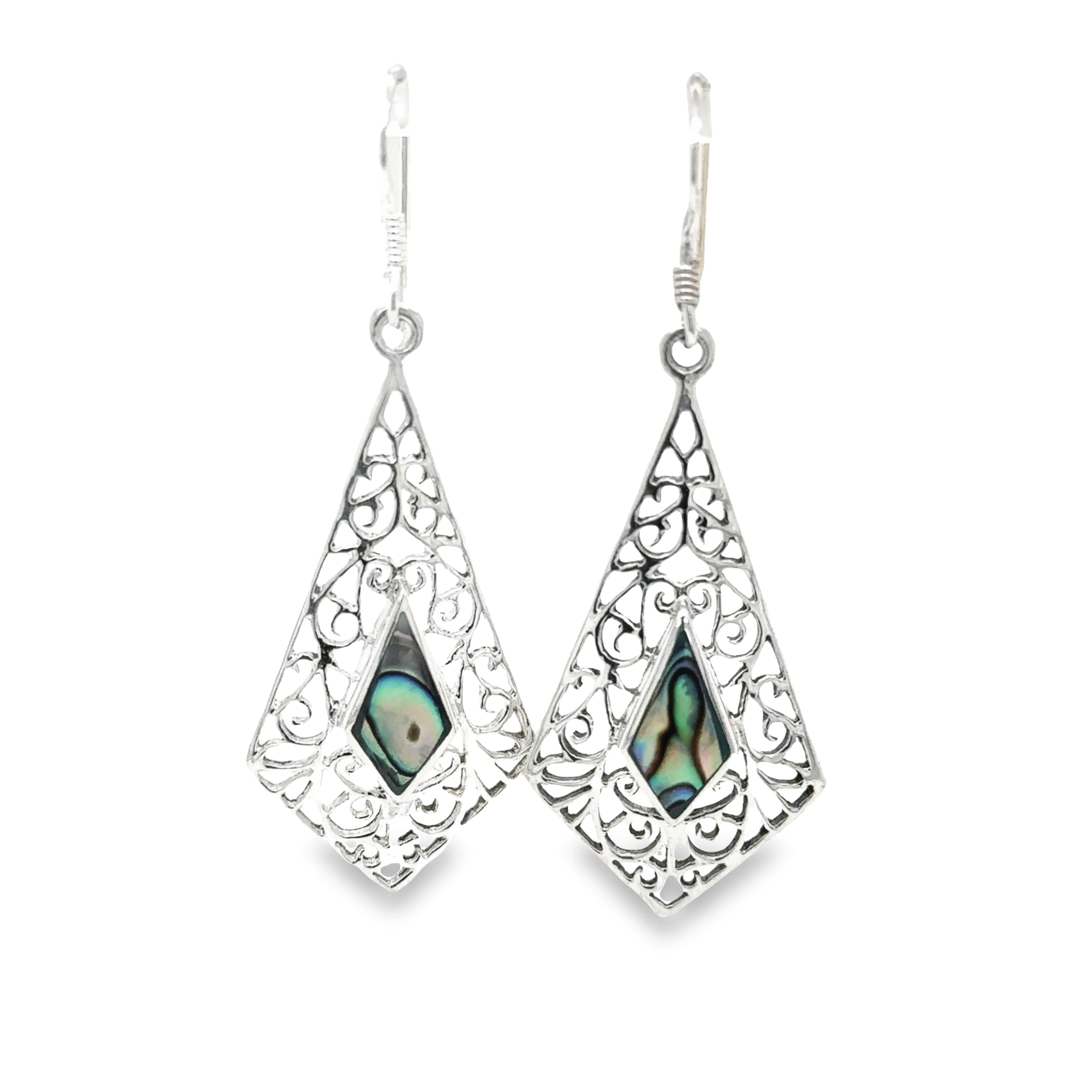 A pair of Elongated Diamond Teardrop Earrings with Inlaid Stones by Super Silver, with intricate filigree patterns and an inlaid black abalone shell.