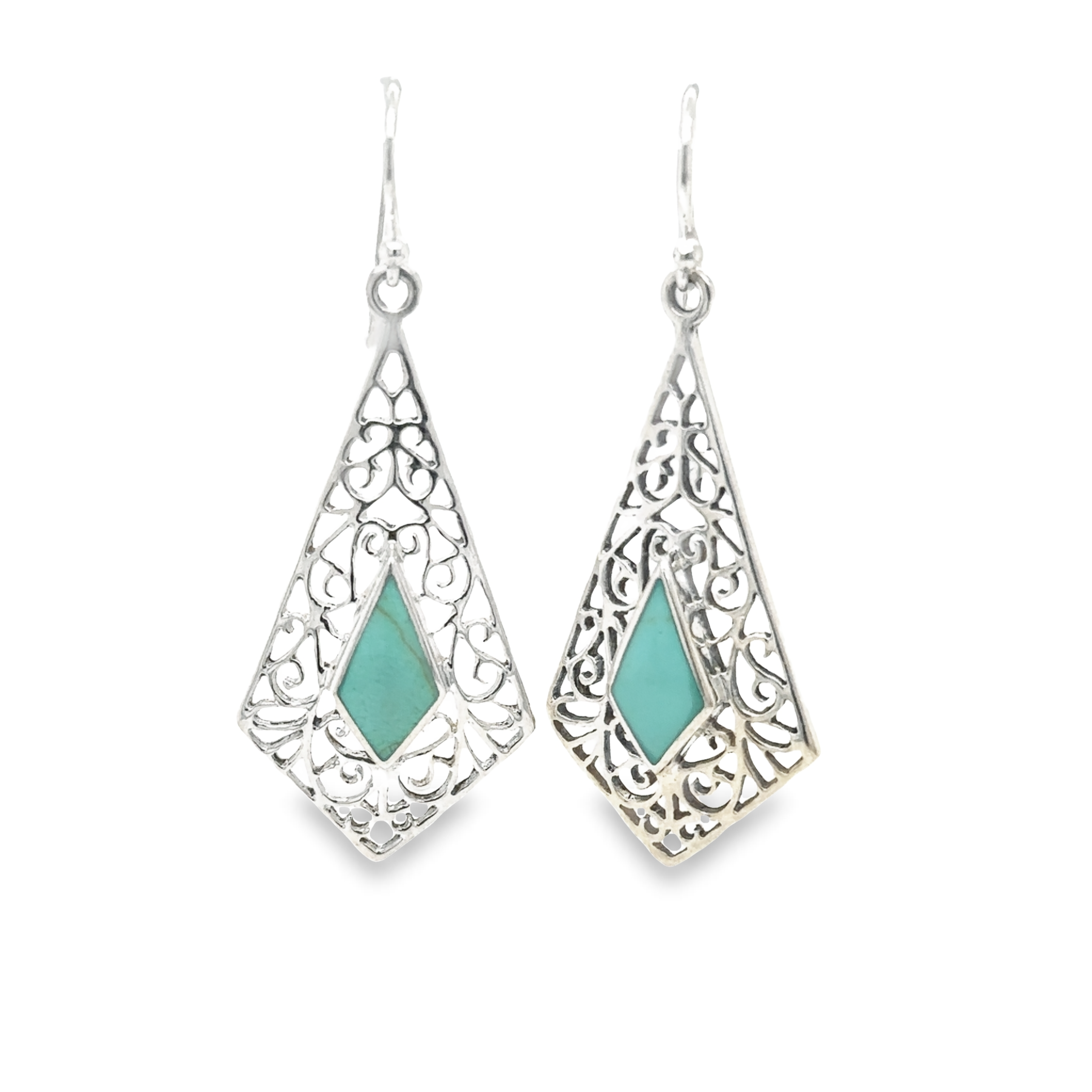 A pair of Super Silver Elongated Diamond Teardrop Earrings with Inlaid Stones featuring turquoise stone and silver filigree patterns.