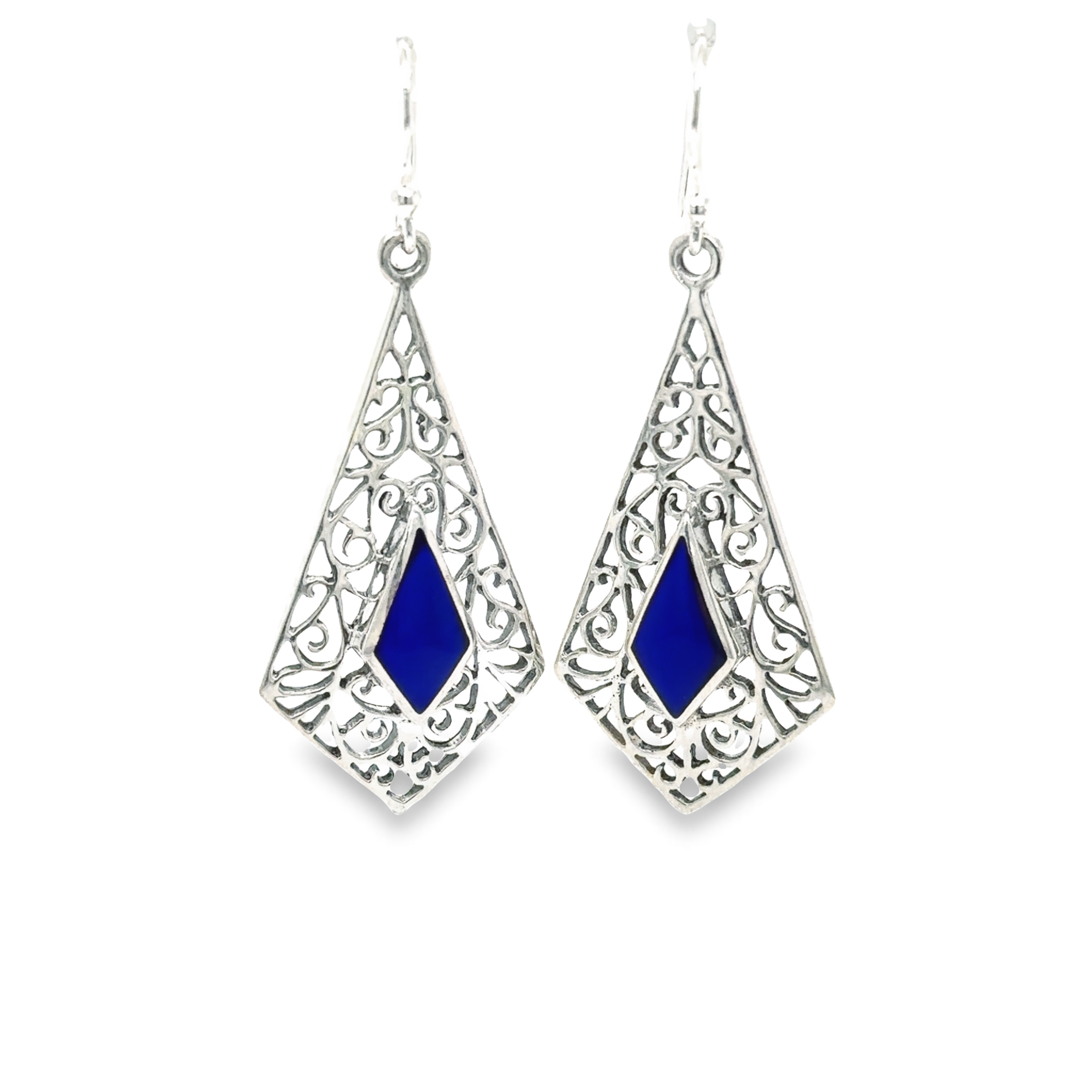 A pair of Super Silver Elongated Diamond Teardrop Earrings with Inlaid Stones.